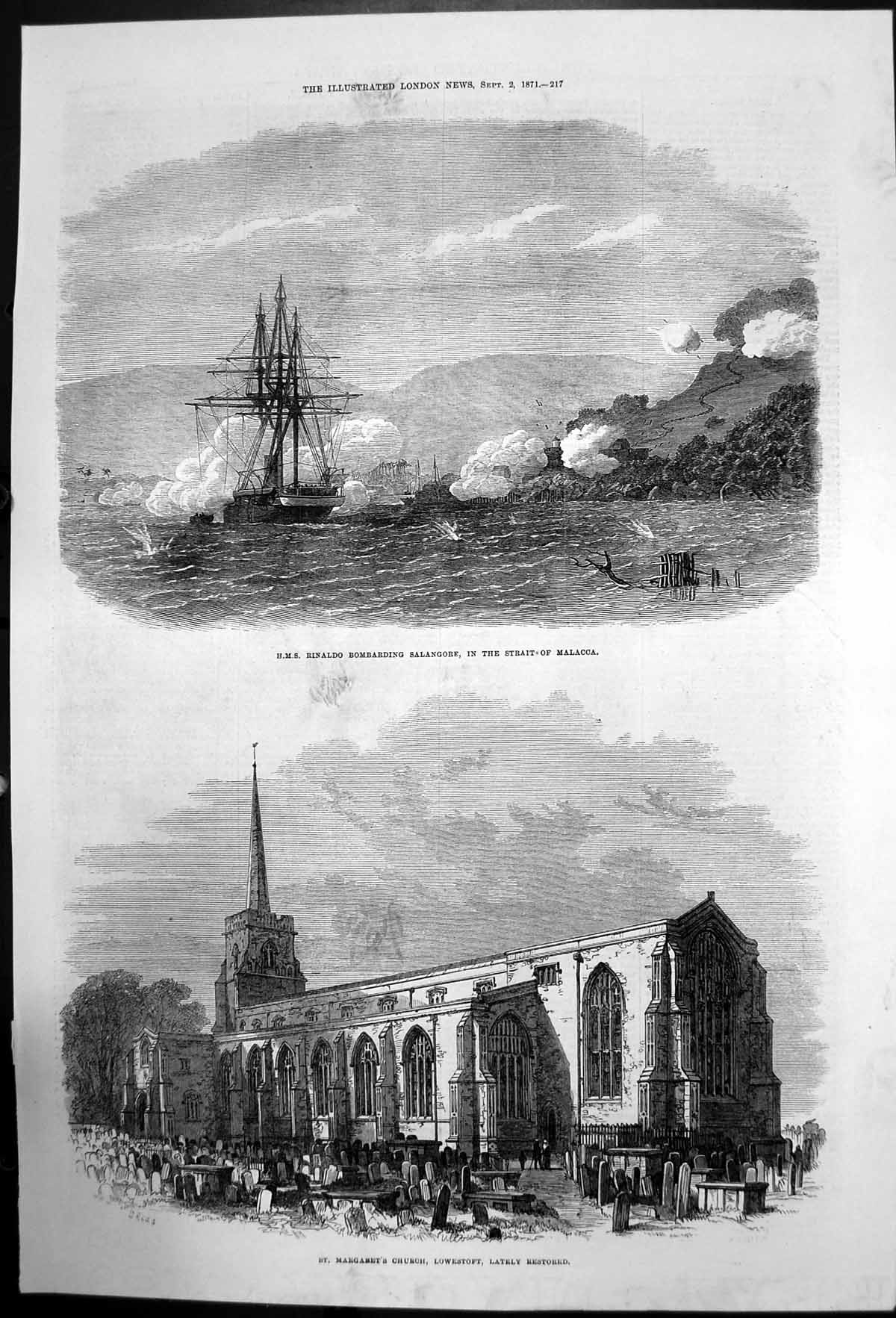 Antique Old Print Hms Rinaldo Salangore St Margarets Church Lowestoft 1871 19th