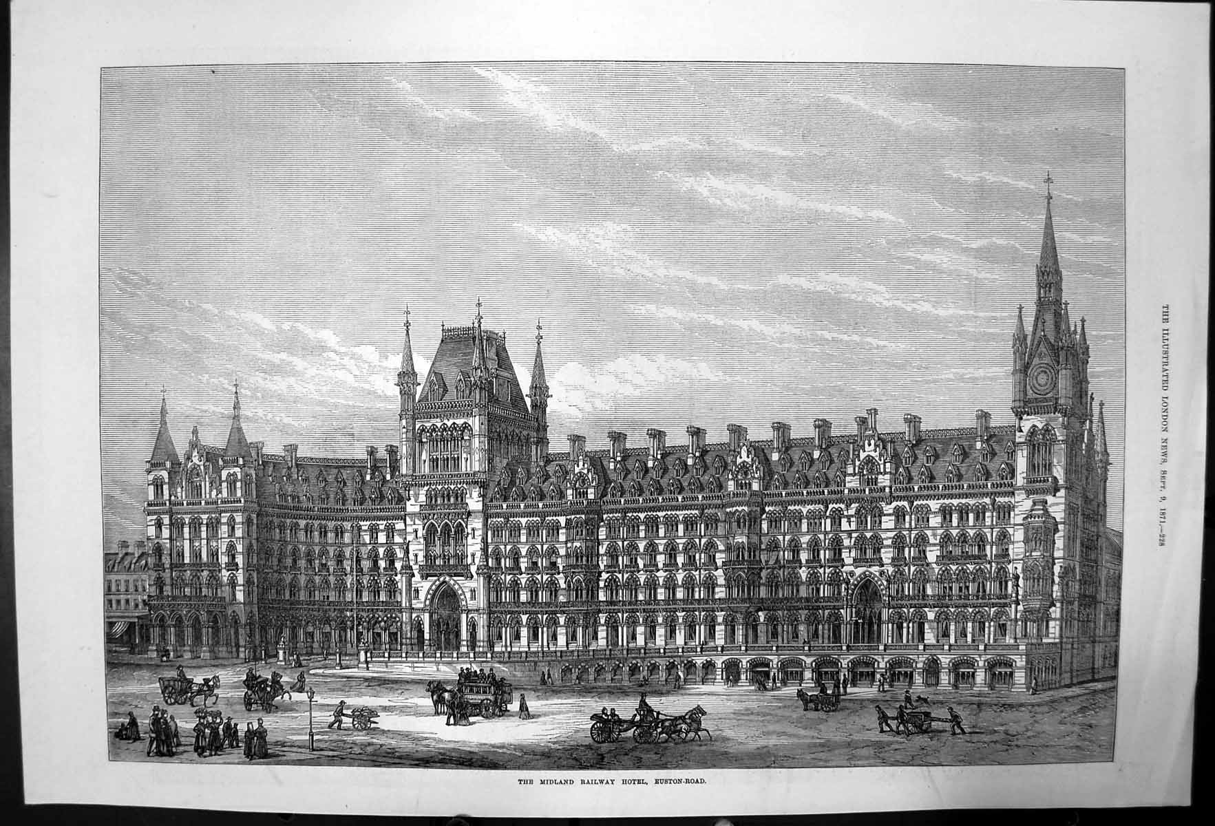 Original Old Antique Print Exterior Midland Railway Hotel Euston Road 1871 19th