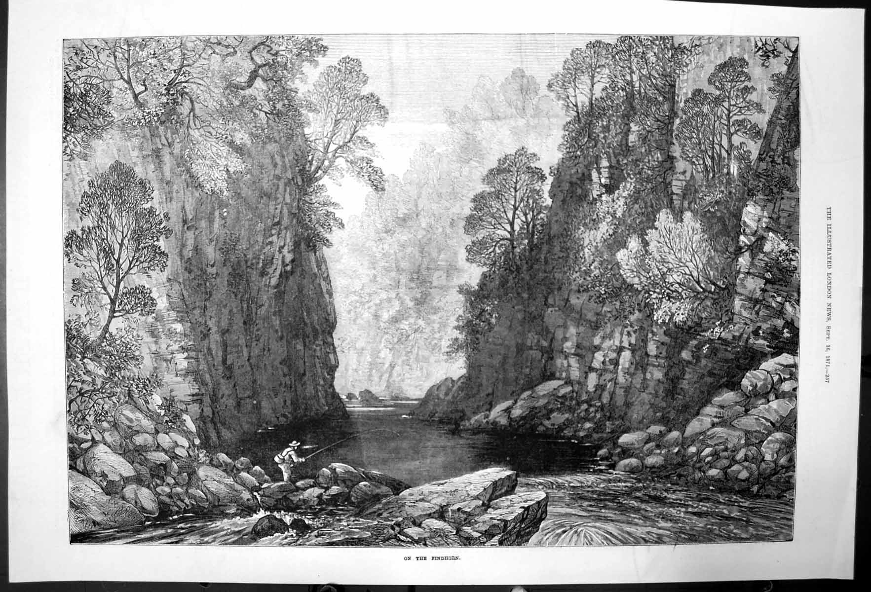 Antique Old Print On The Findhorn Angler Casting Rod On Scottish River 1871