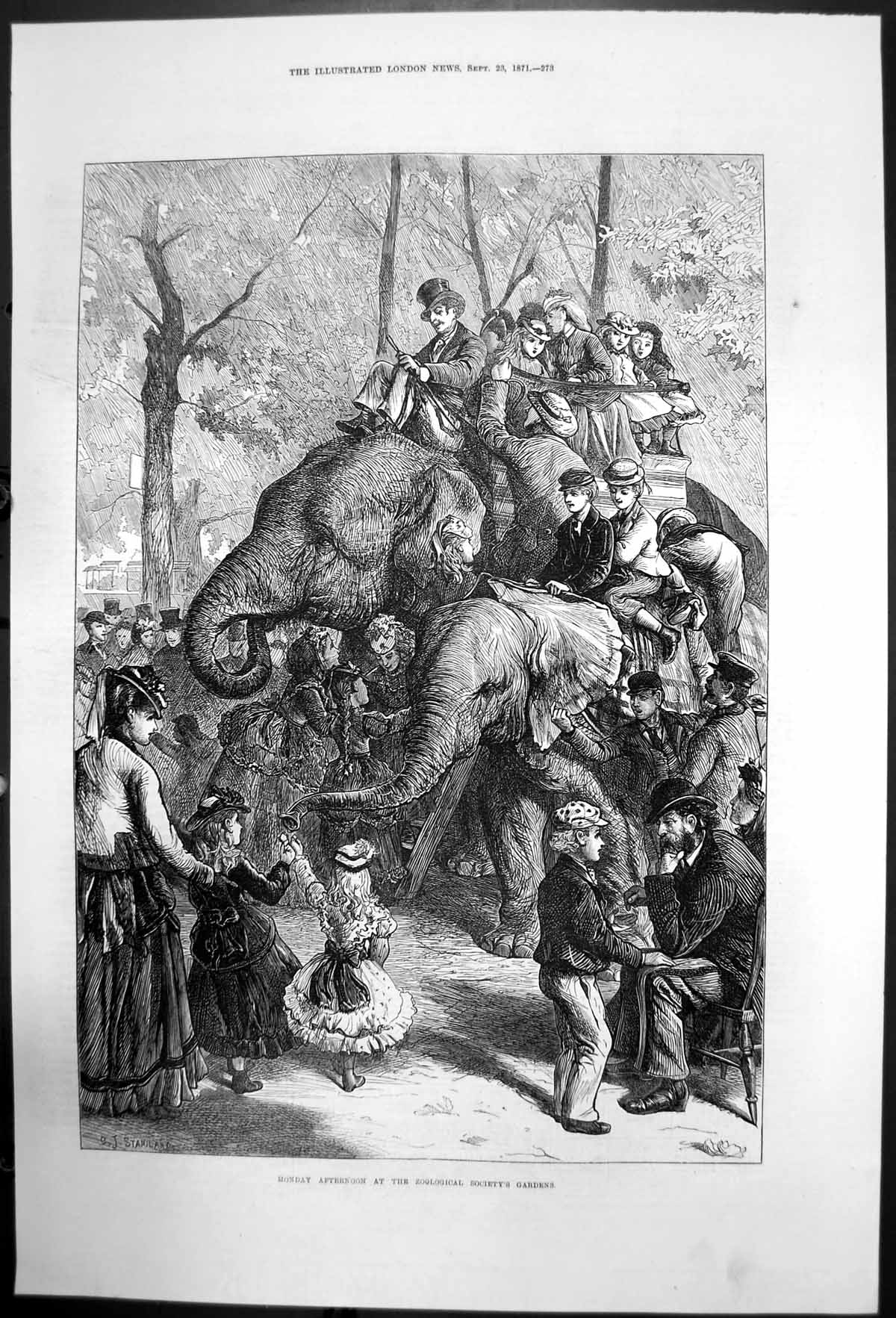 Original Old Antique Print Monday Afternoon Zoological Societys Gardens 1871