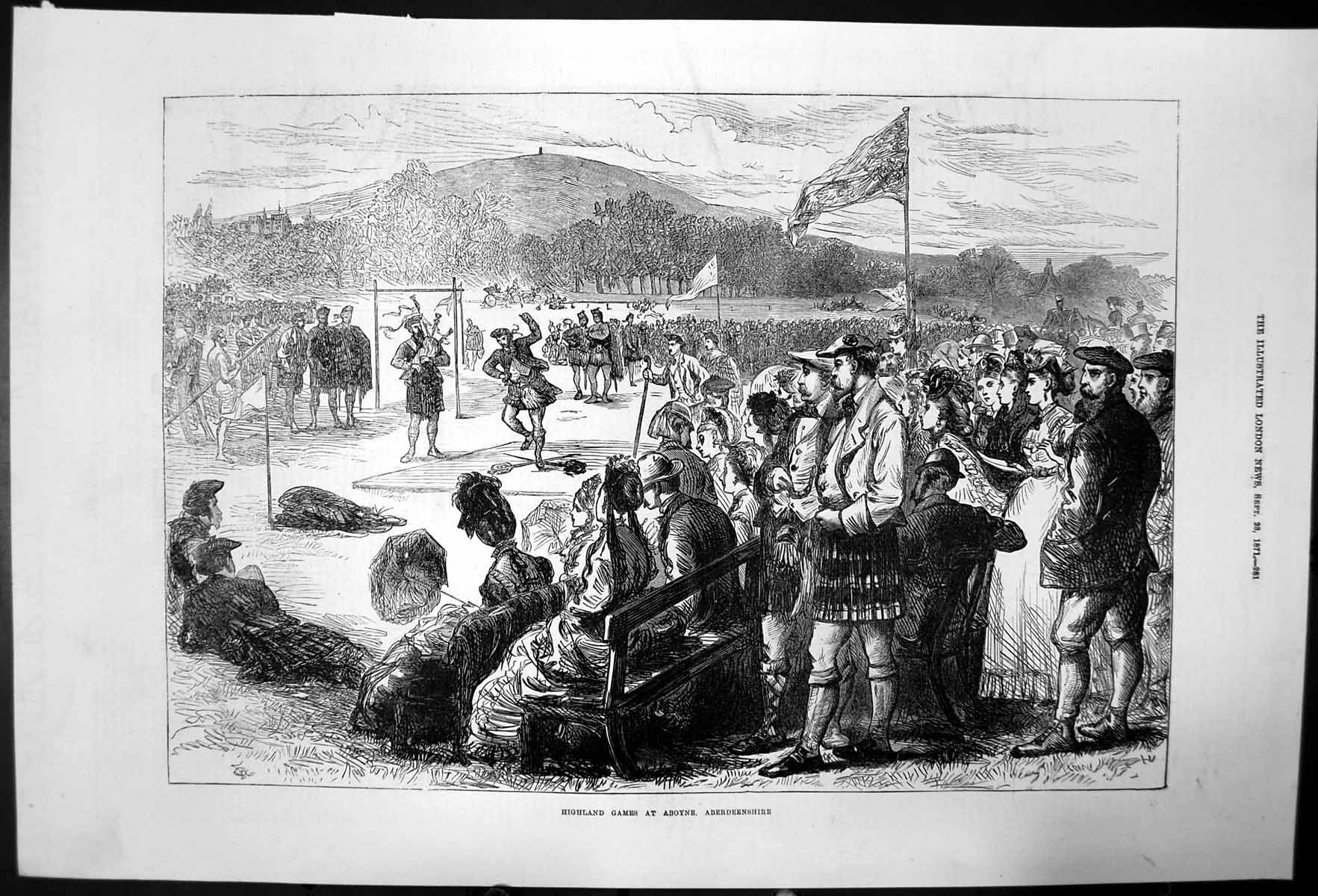 Original Old Antique Print Highland Games Aboyne Aberdeenshire Pipers 1871 19th