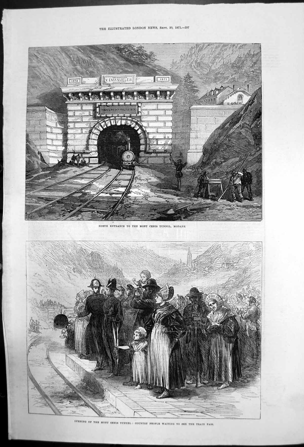 Original Old Antique Print Opening Mont Cenis Tunnel Modane North Entrance 1871