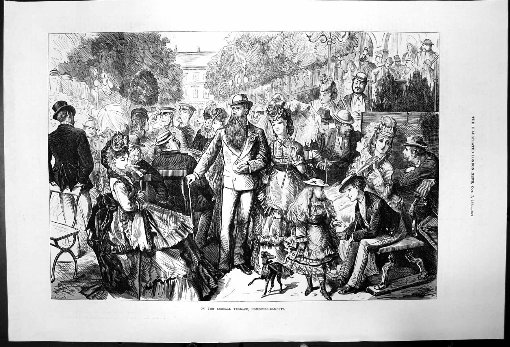 Original Old Antique Print On The Kursall Terrace Hombourg Es Monts 1871 19th
