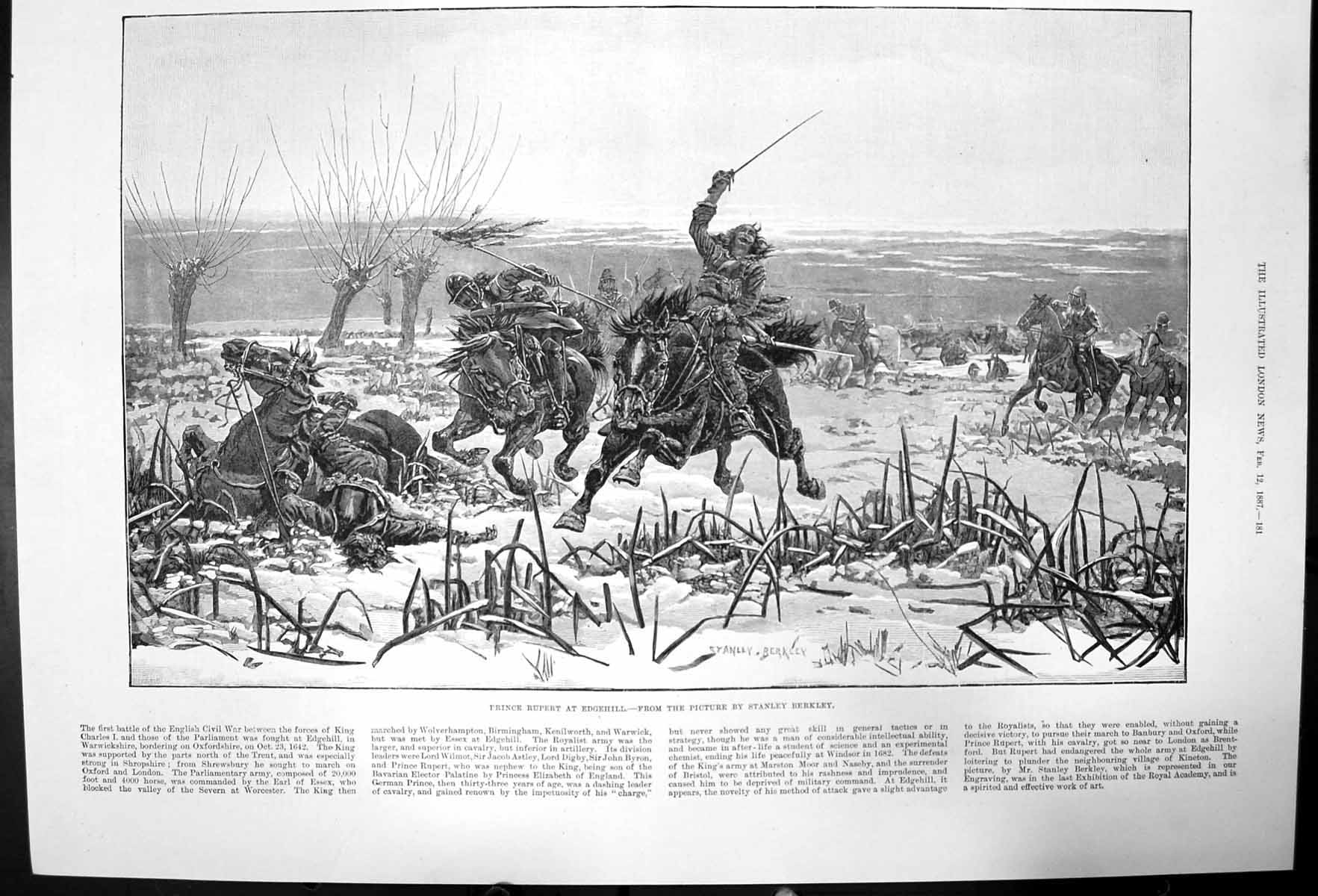 Original Old Antique Print Prince Rupert At Edgehill Stanley Berkley 1887 19th
