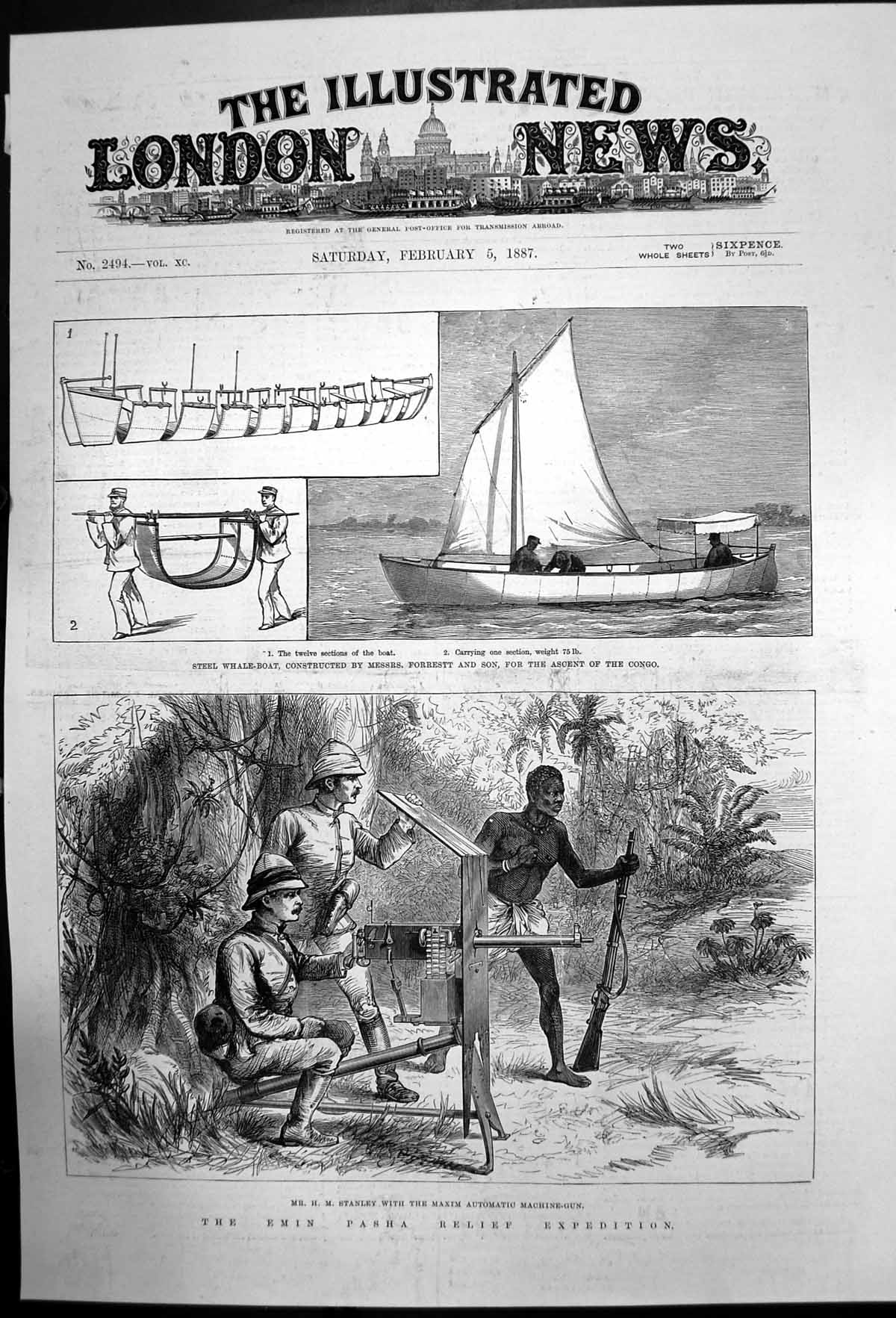 Old Antique Print Whale Boat Hm Stanley Maxim Automatic Machine Gun 1887 19th