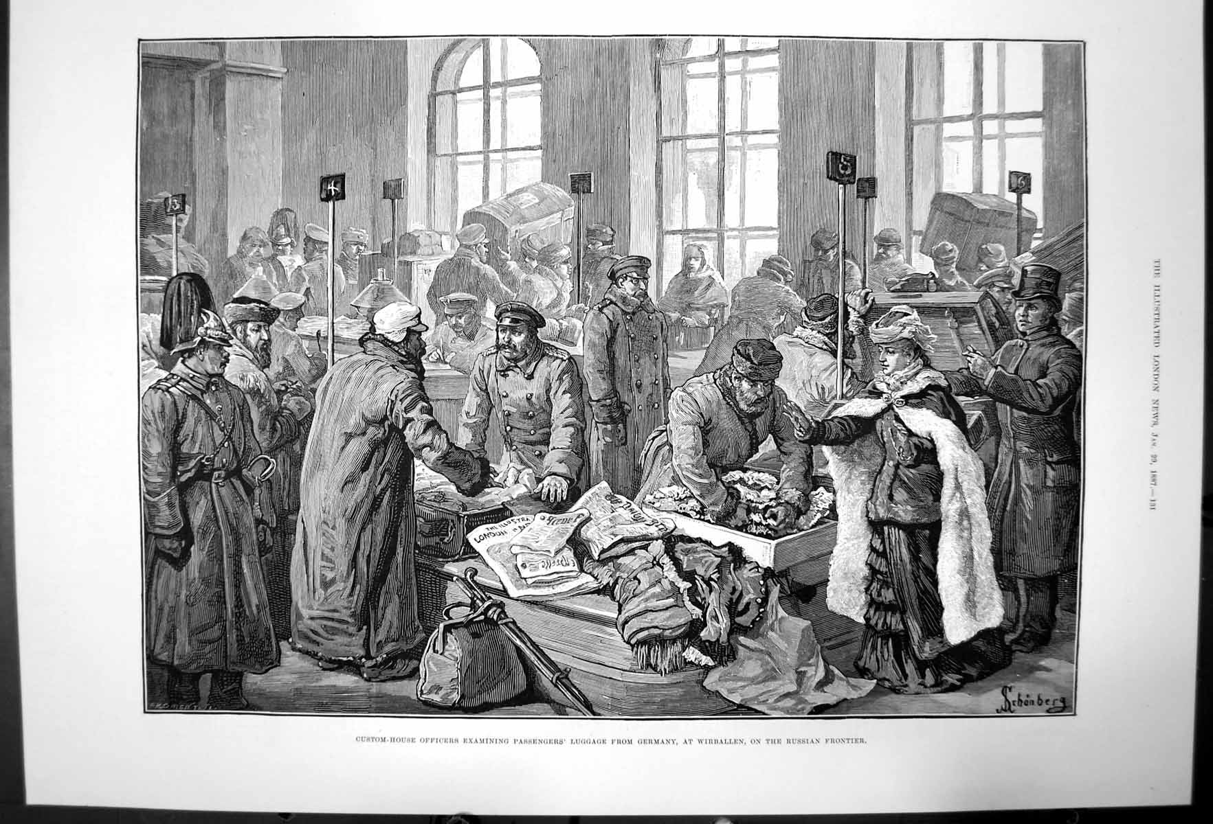 Antique Old Print Custom Officers Examining Luggage Germany Wirballen 1887 19th