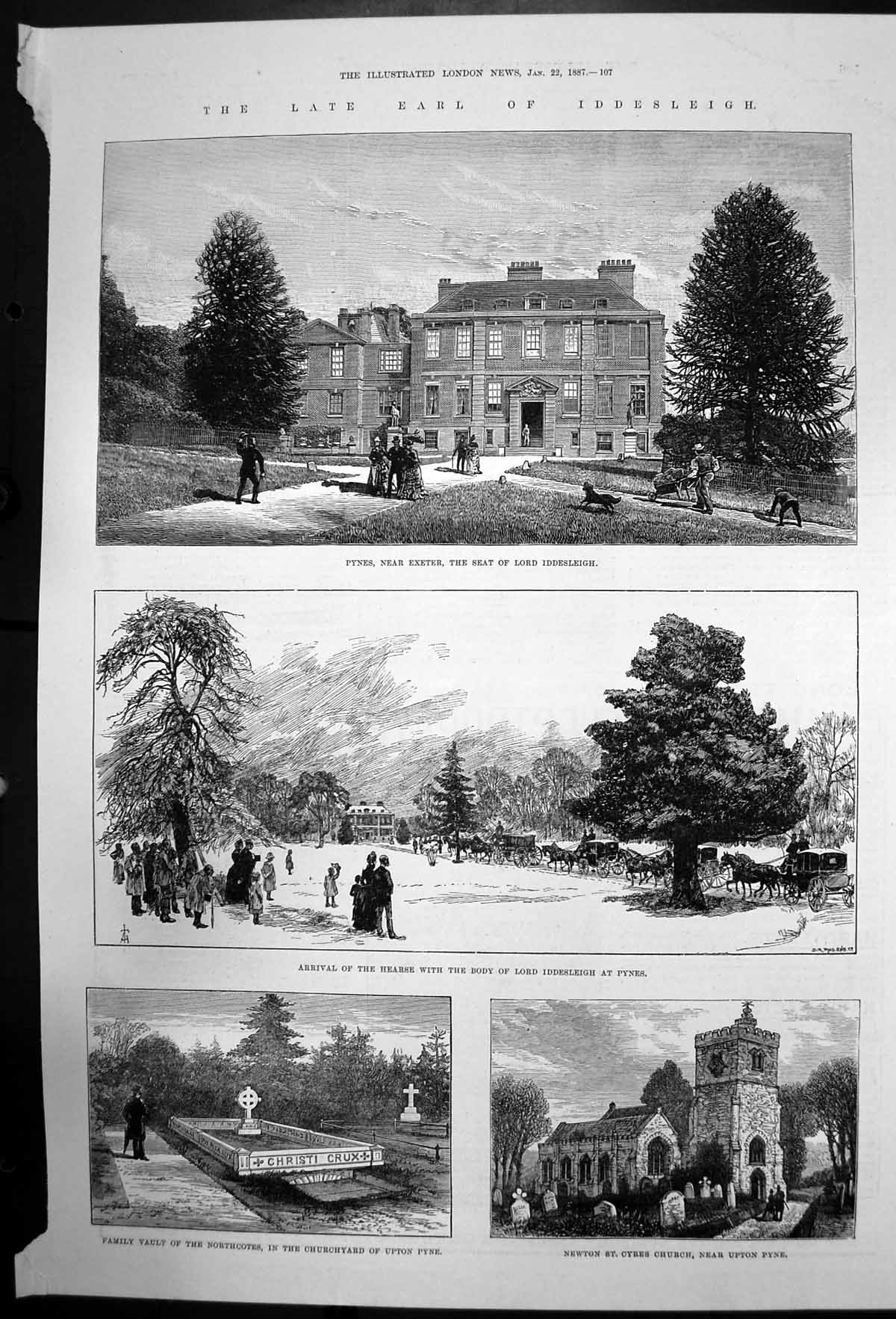Original Old Antique Print Funeral Lord Iddesleigh Pynes Near Exeter 1887 19th