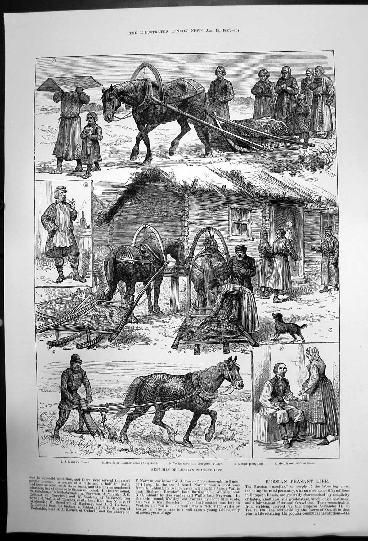 Old Antique Print Sketches Russian Peasant Life Moujiks Vodka Shop 1887 19th