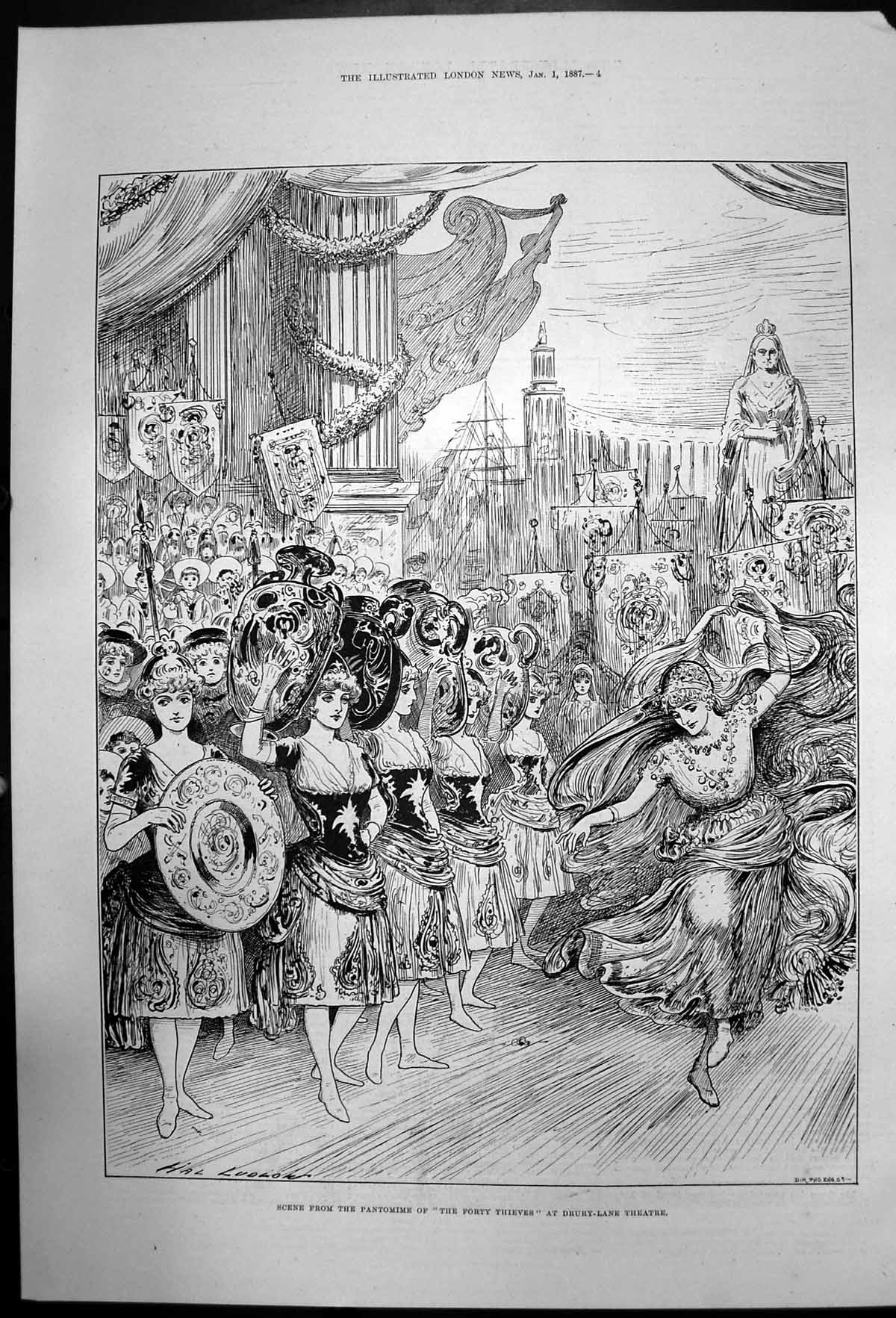Original Old Antique Print Pantomine The Forty Thieves Drury Lane Theatre 1887