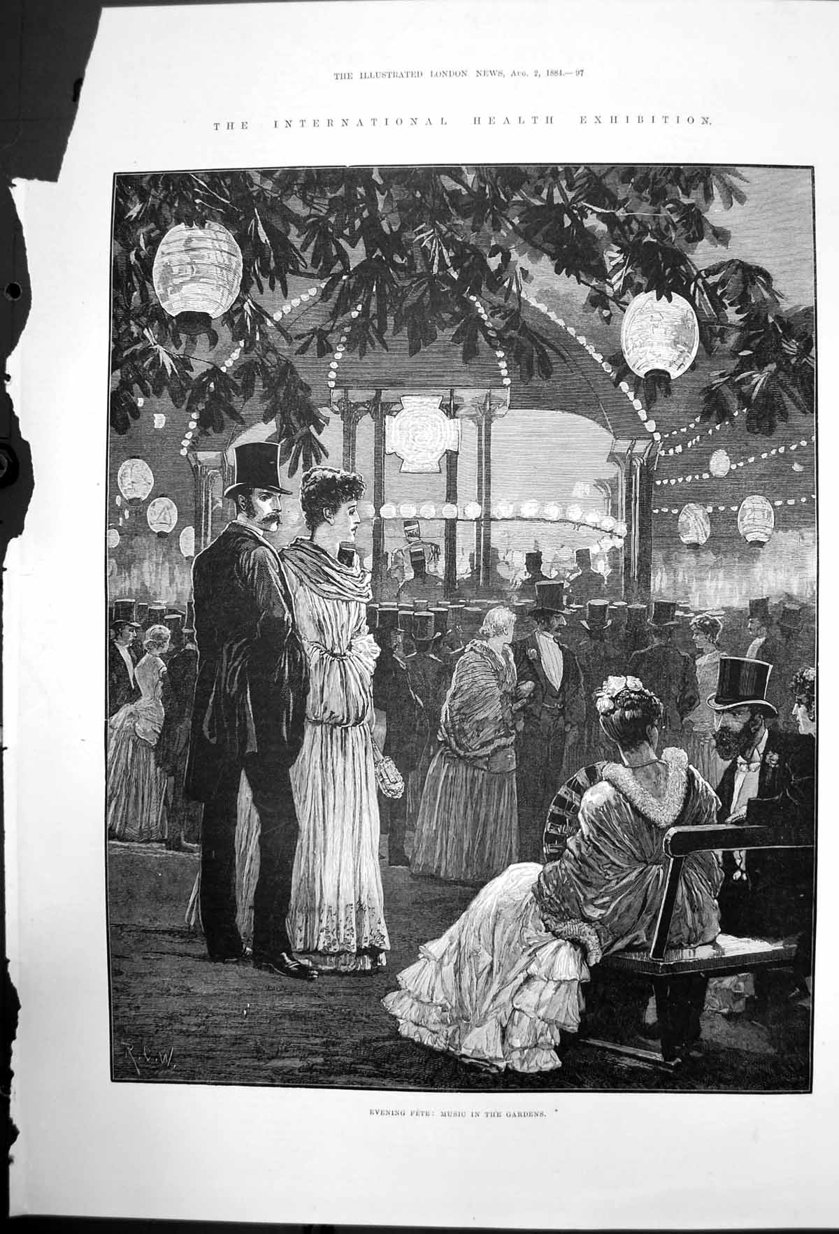 Antique Old Print Evening Fete Music In The Gardens International Health 1884