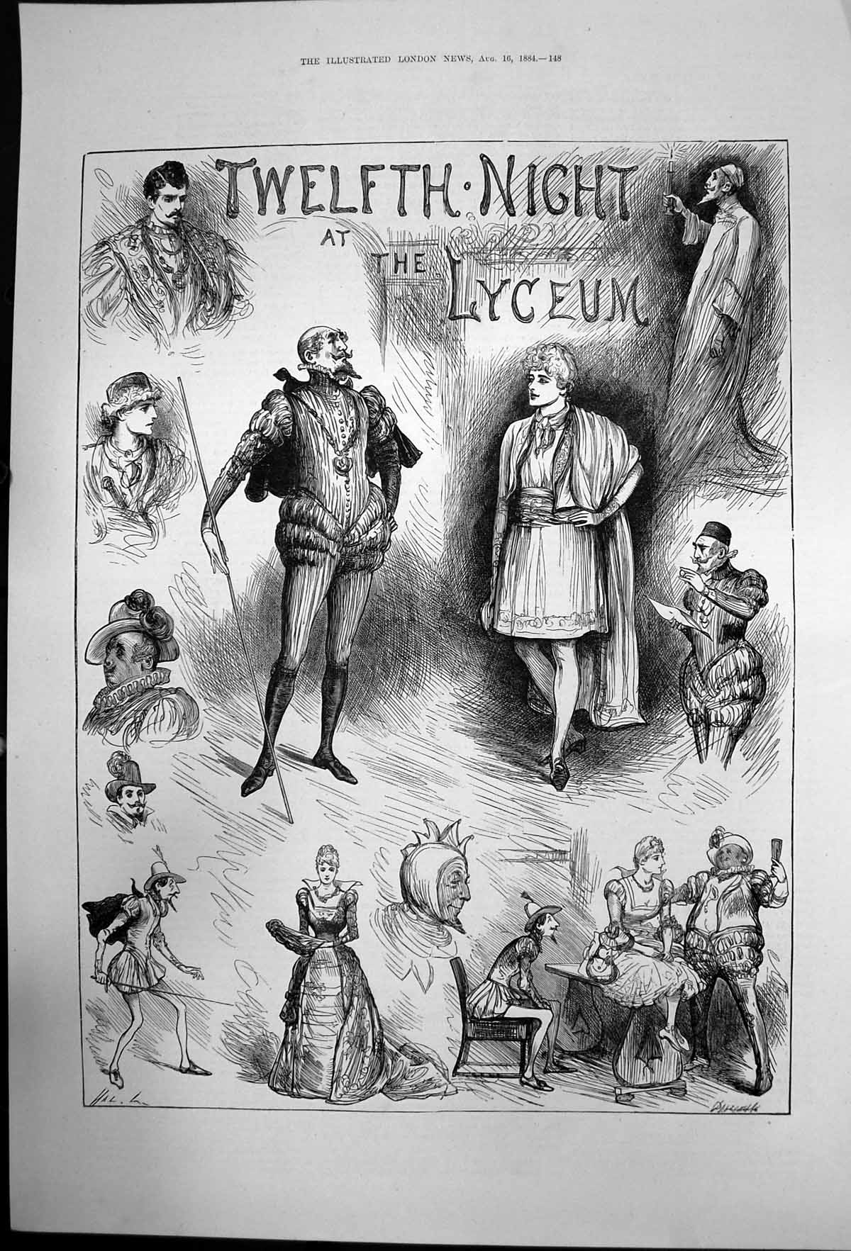 Original Old Antique Print Characters From Twelth Night At Lyceum 1884 19th