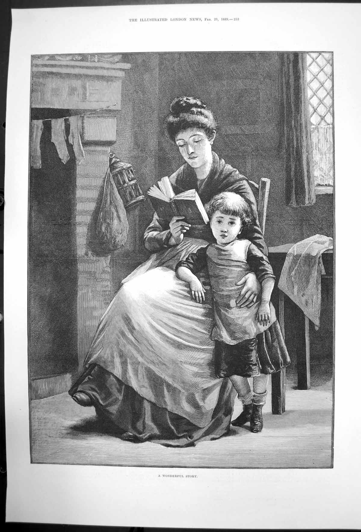 Old Antique Print A Wonderful Story Lady Reading Book To Young Child 1889 19th