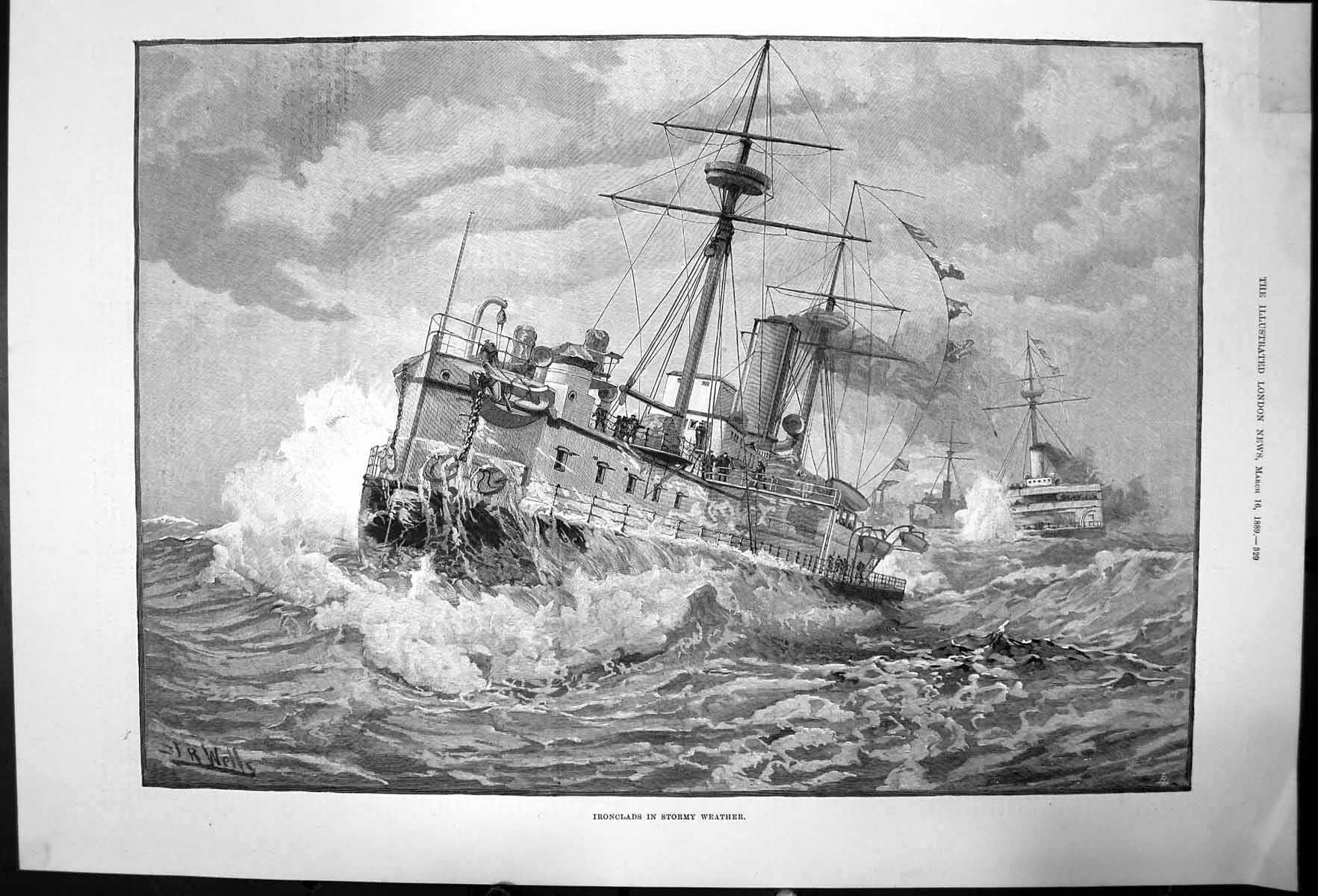 Antique Old Print Ironclads In Stormy Weather Wells Two Large Ironclads 1889