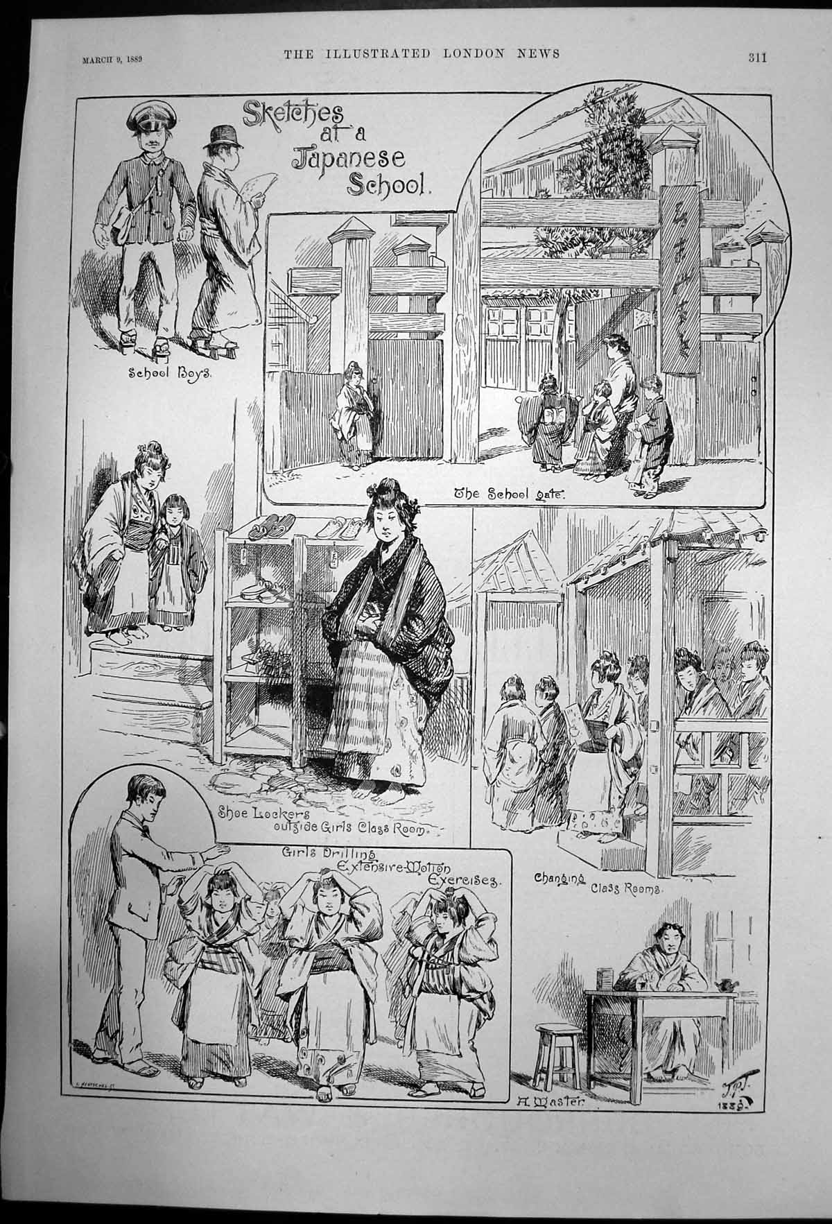 Old Antique Print Sketches At Japanese School Master Classrooms Gate 1889 19th