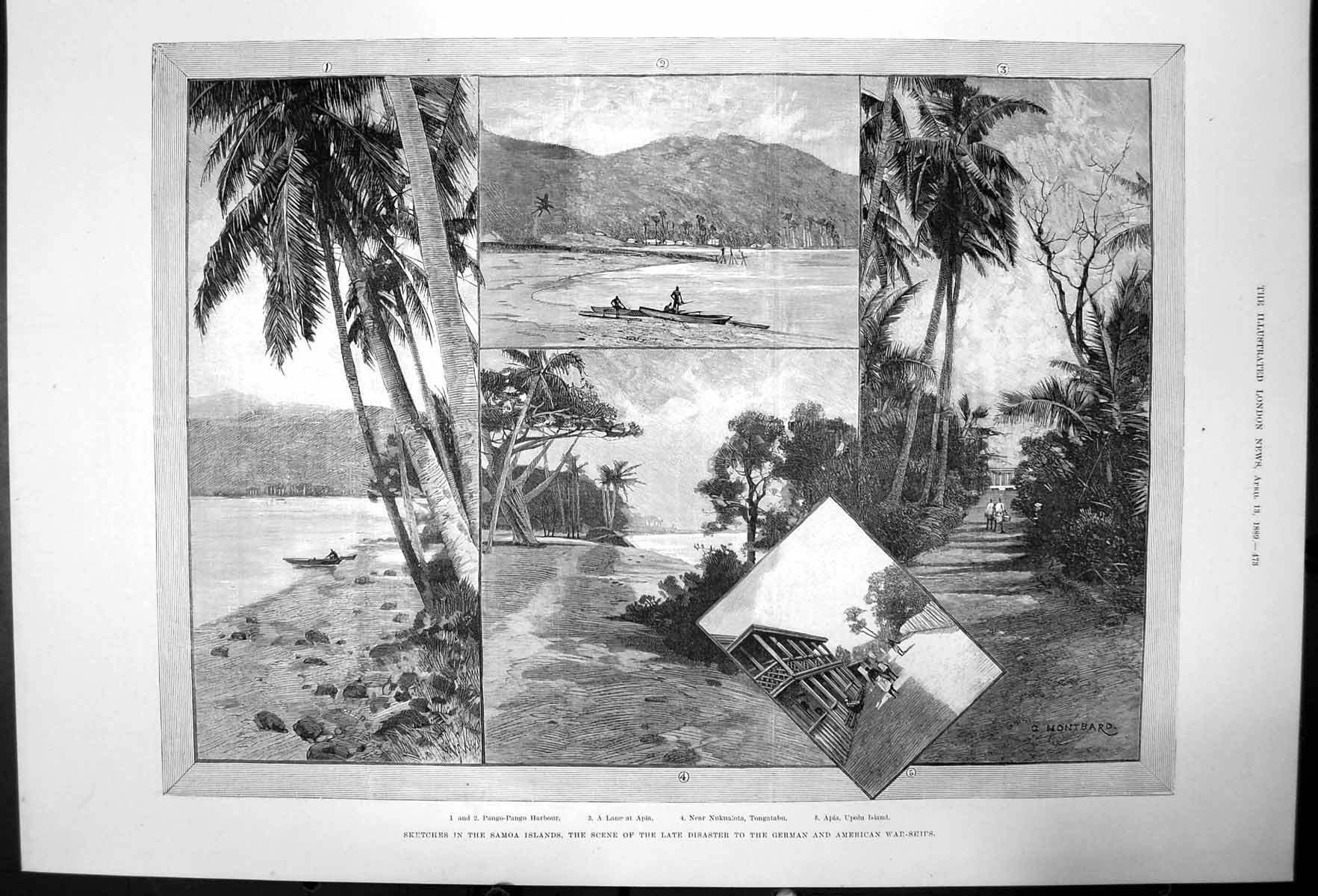 Original Old Antique Print Sketches Samoa Islands Pango Pango Harbour Apia 1889