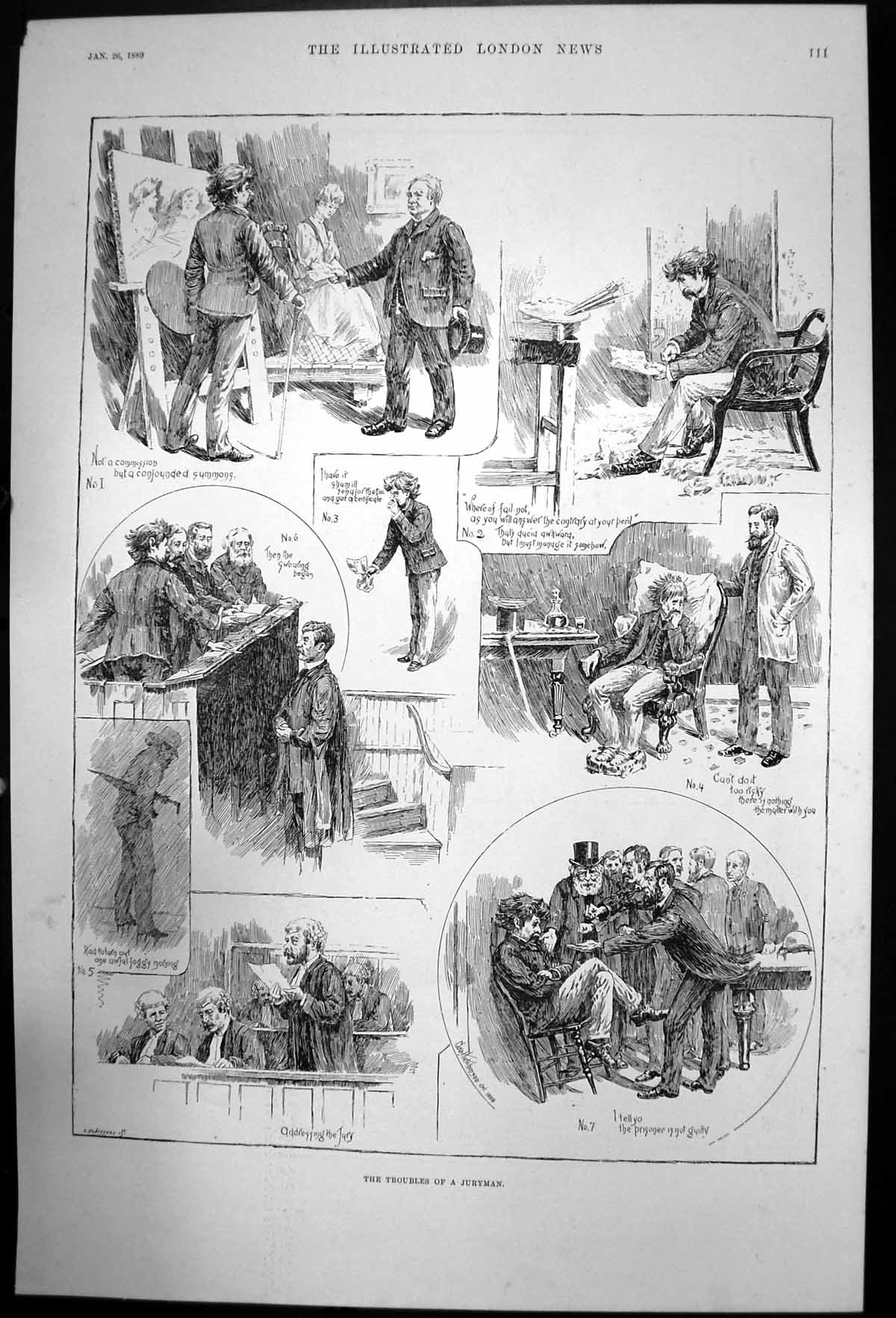Original Old Antique Print The Troubles A Juryman Sketches In Court 1889 19th