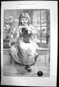 Antique Print No Admittance Except On Business M Walker Girl Knitting 1889 19th