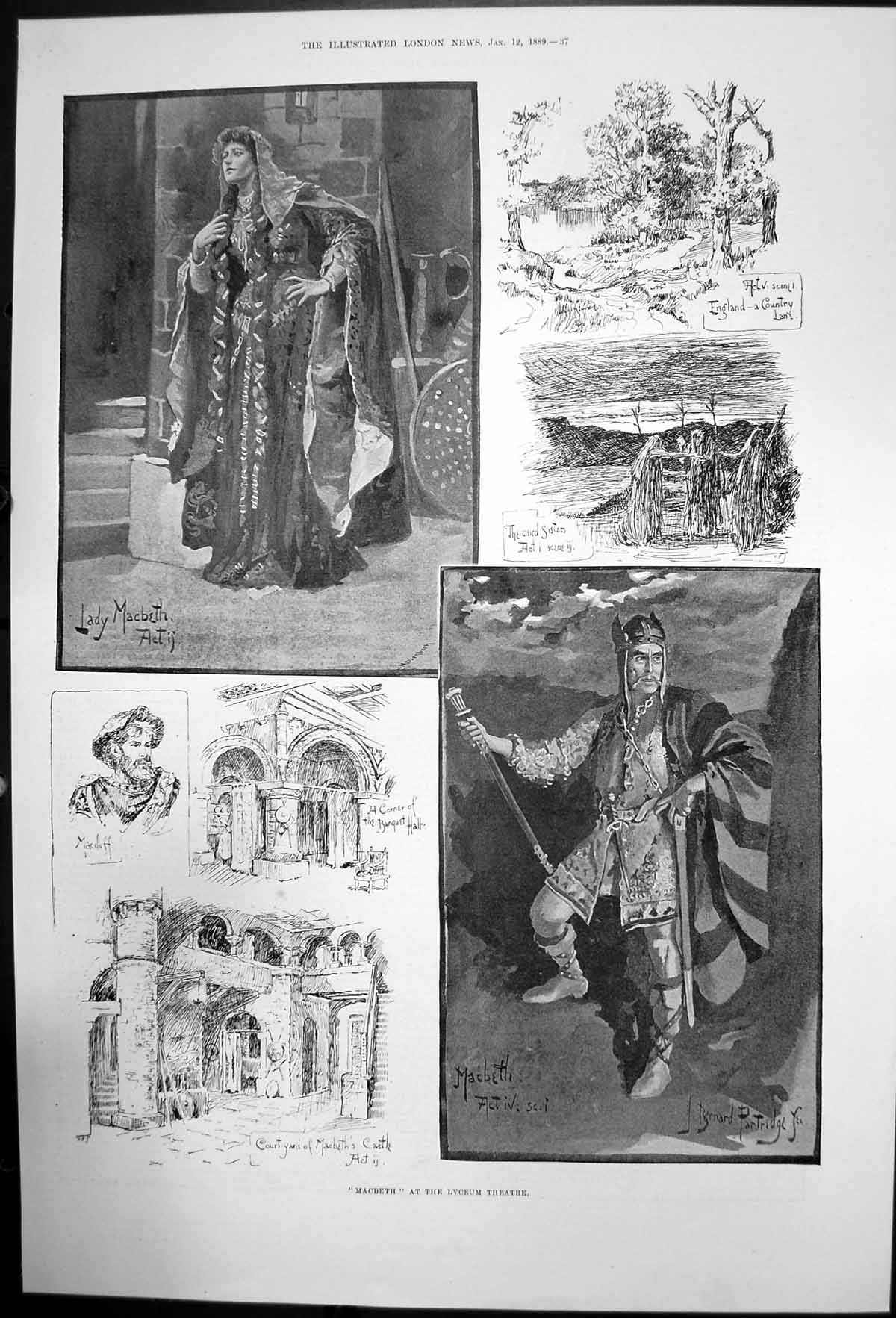 Original Old Antique Print Mabbeth At Lyceum Theatre Castle Banquet Hall 1889