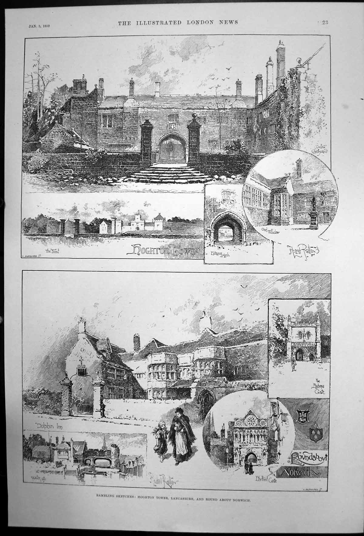 Antique Old Print Rambling Sketches Houghton Tower Lancashire Norwich 1889 19th