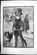 Original Old Antique Print A Frosty Morning S Cowell Lady Dog Fur Hat Muff 1889
