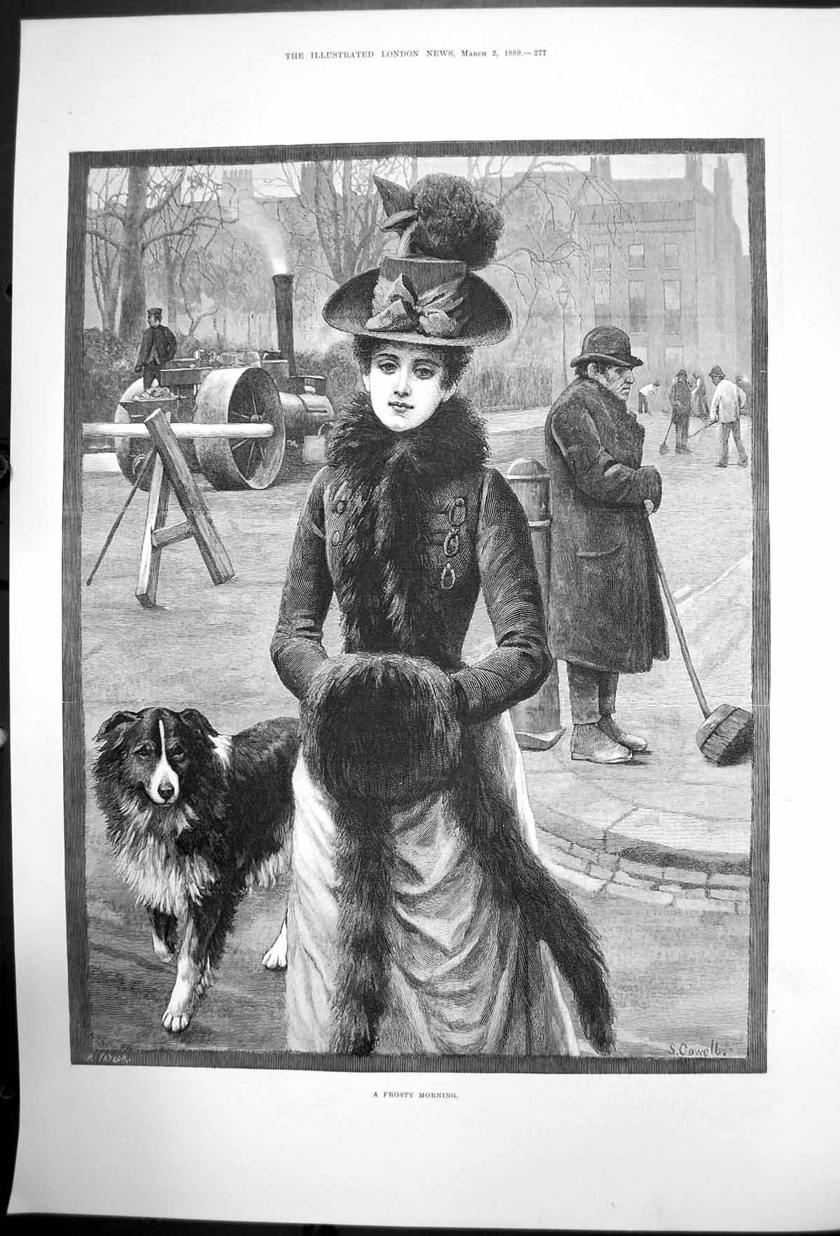 Original Old Antique Print A Frosty Morning S Cowell Lady Dog Fur Hat Muff 1889