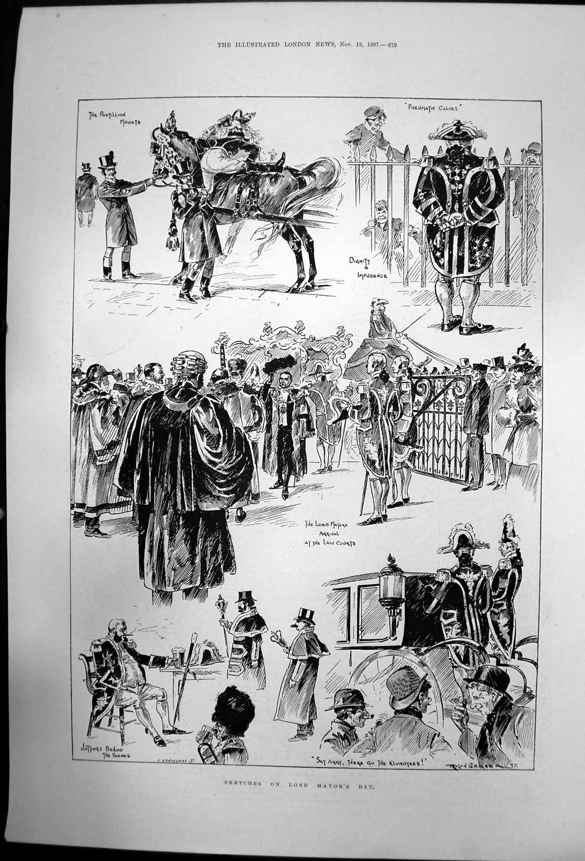 Antique Old Print Sketches Lord Mayor Day Postillion Mounts Law Courts 1897