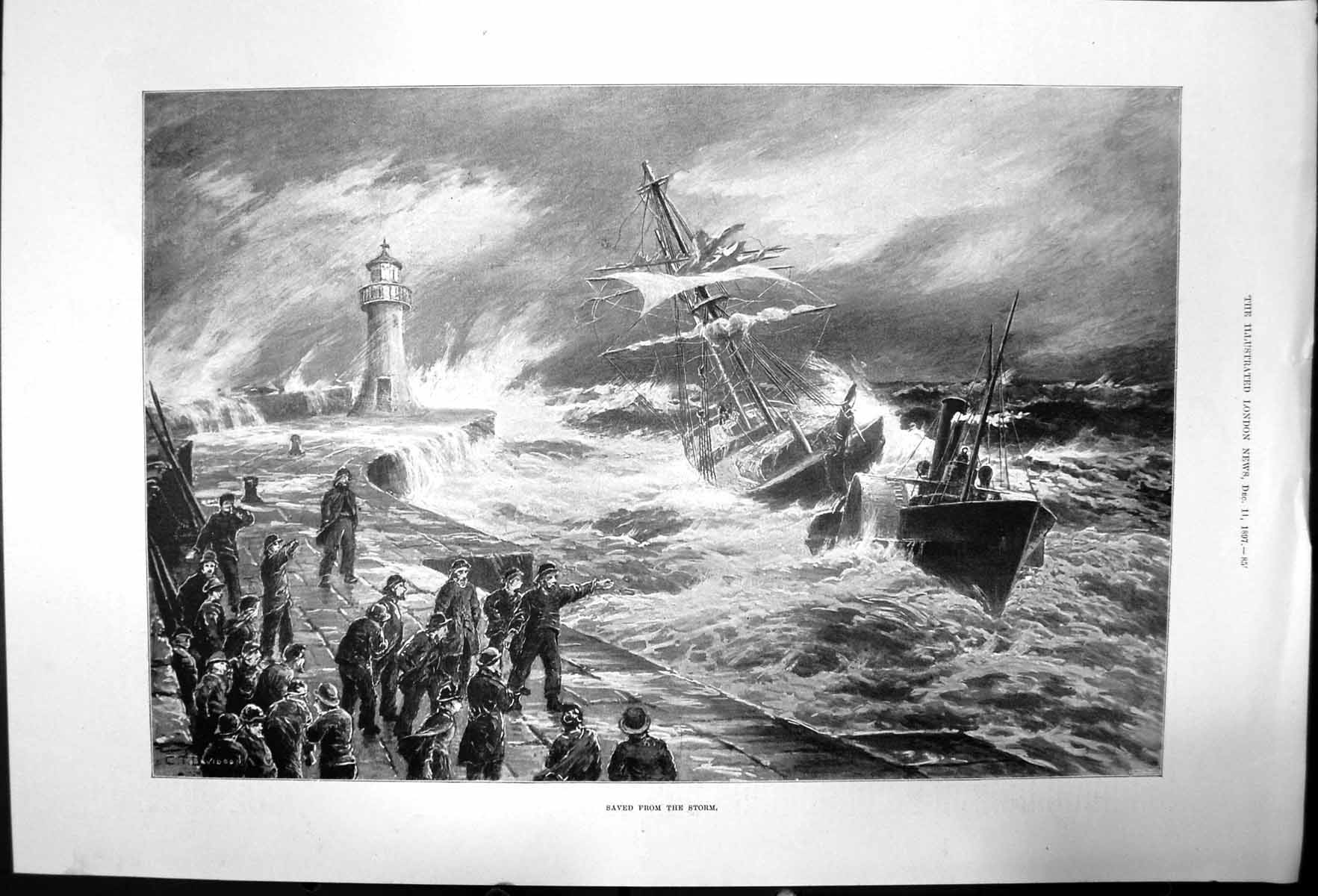 Original Old Antique Print Saved From The Storm Boats In Storm Lighthouse 1897