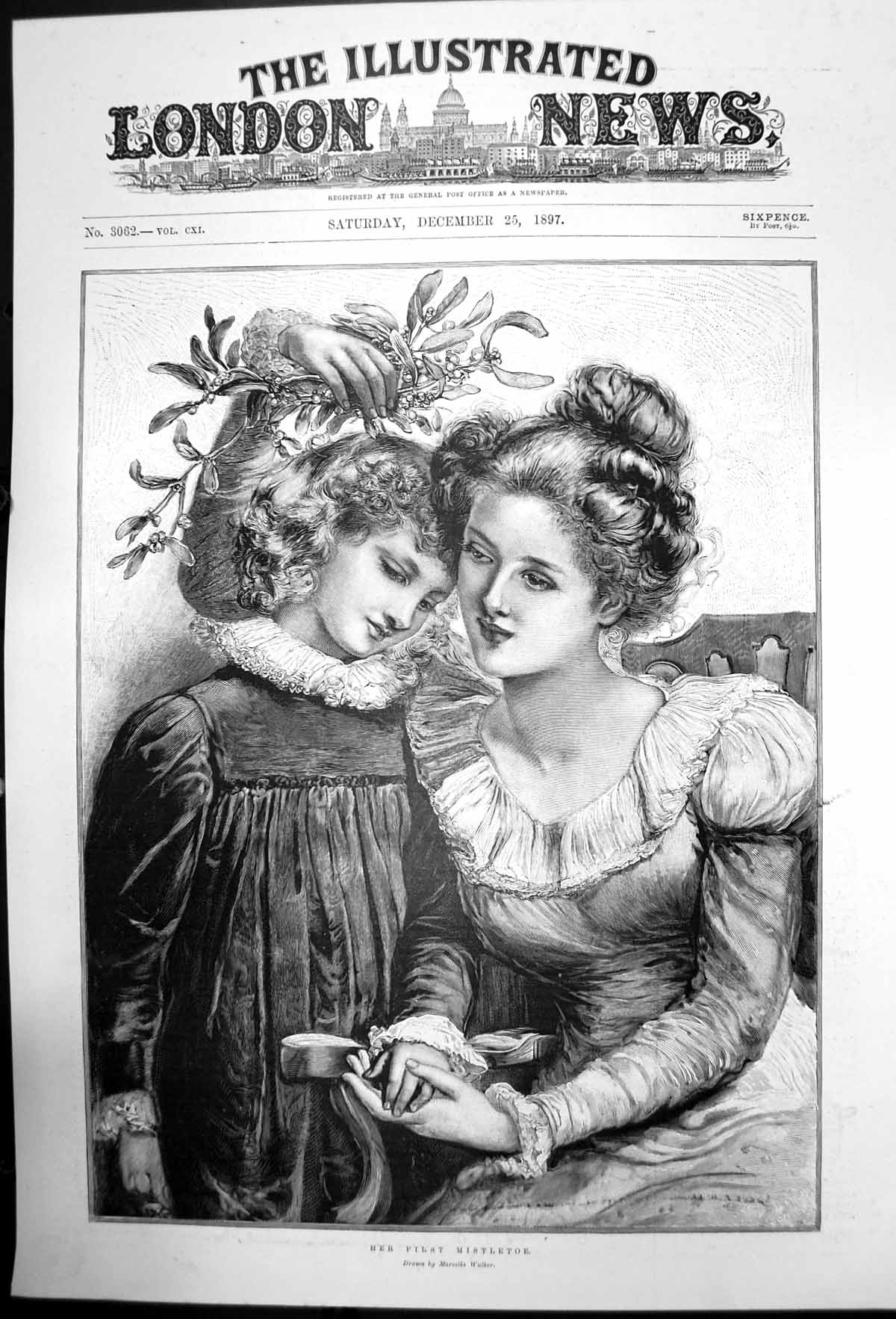 Original Old Antique Print Her First Mistletoe Drawn By Marcella Walker 1897