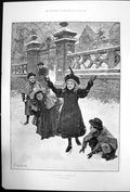 Old Antique Print Winter Butterflies A Forester Children Snow Scene 1897 19th