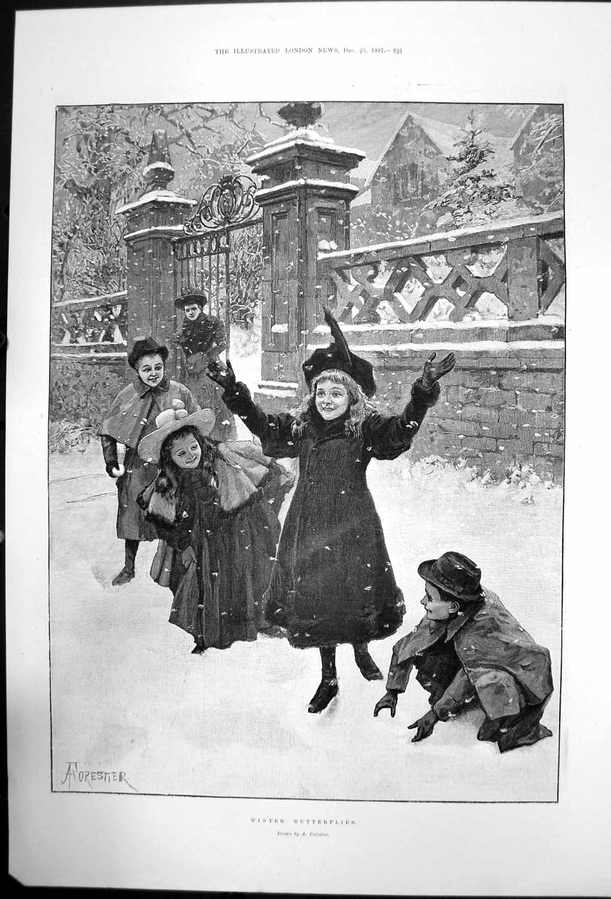 Old Antique Print Winter Butterflies A Forester Children Snow Scene 1897 19th