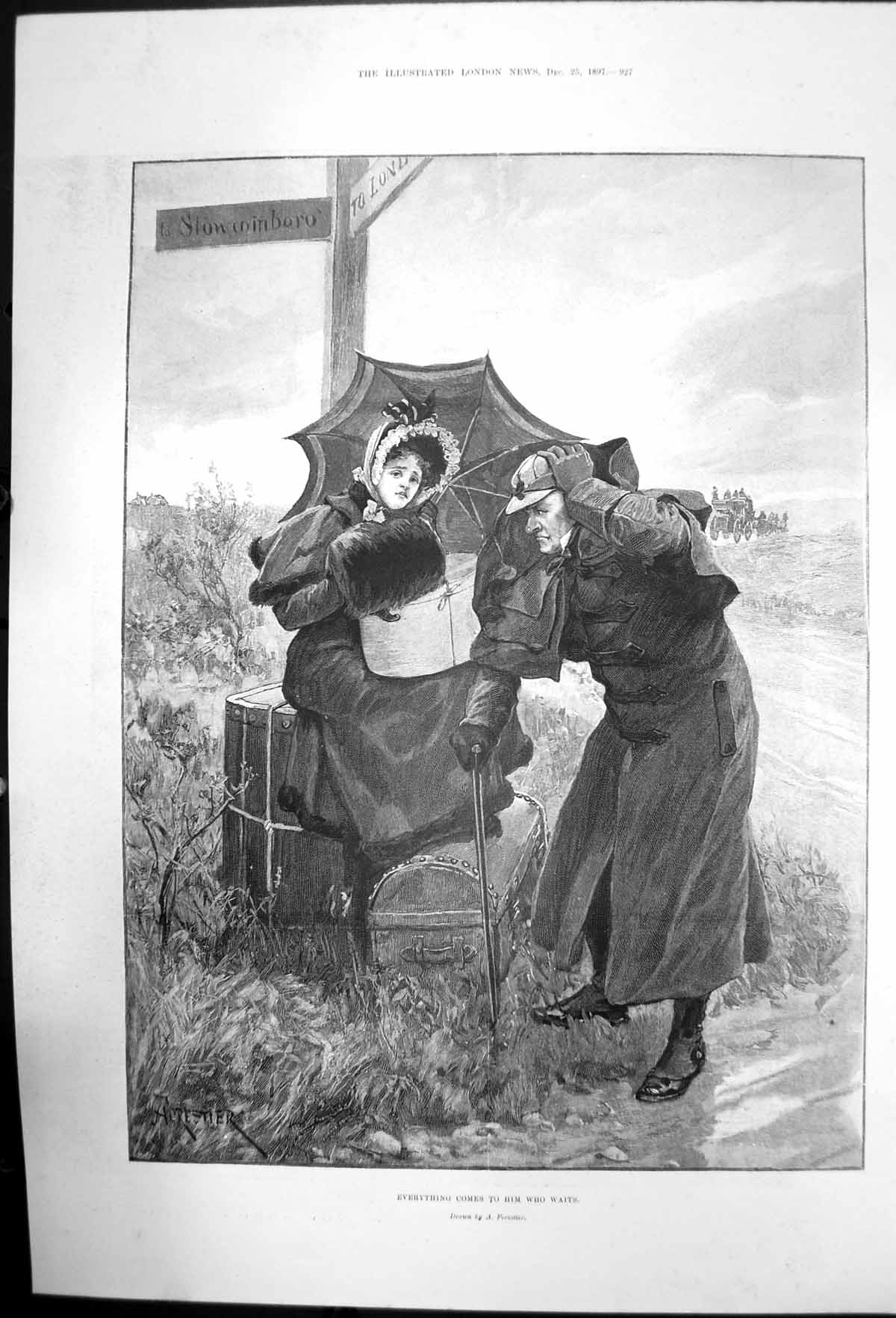 Original Old Antique Print Everthing Comes To Him Who Waits A Forester 1897