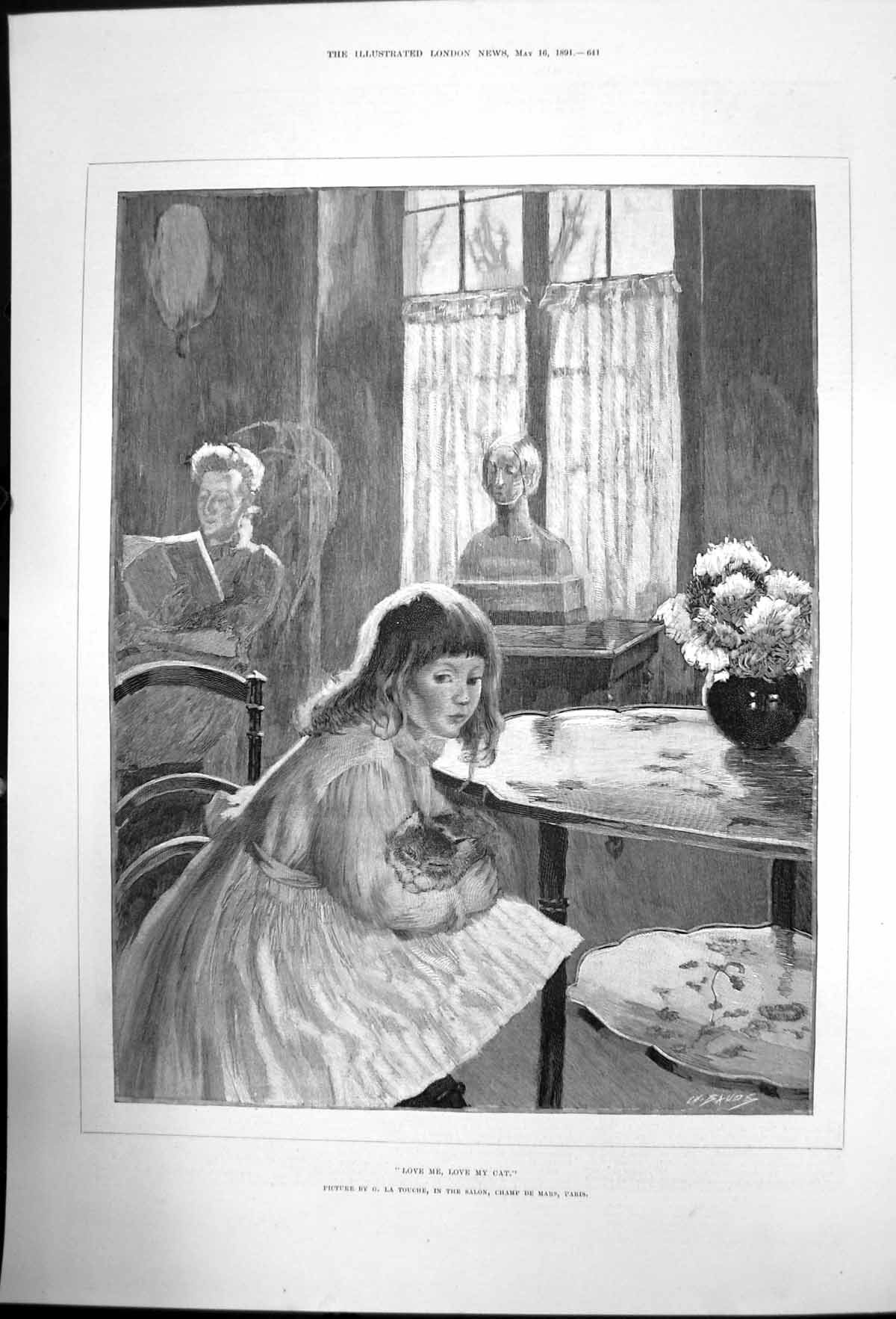 Old Print Love Me Love My Cat G La Touche Salon Champ De Mars Paris 1891 19th