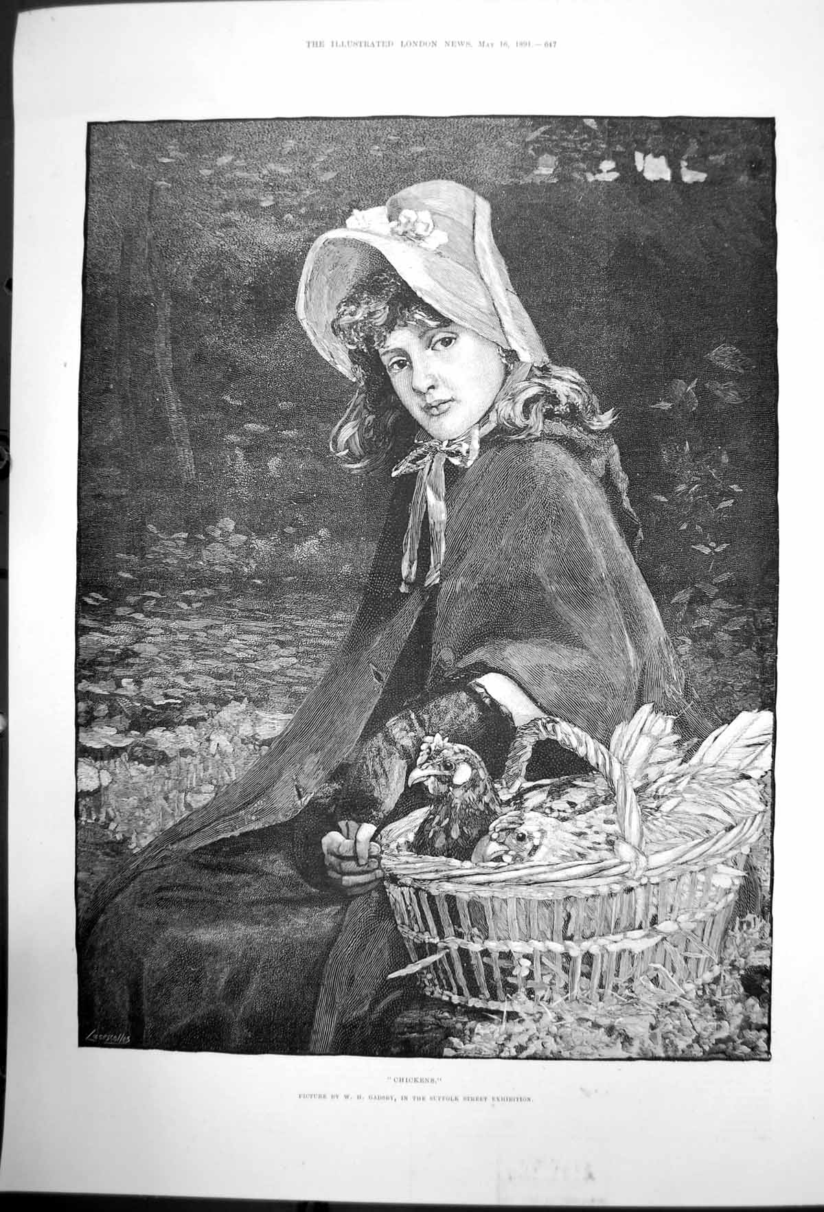 Antique Old Print Chickens Wh Gadsby Suffolk St Exhibition Girl Chickens 1891