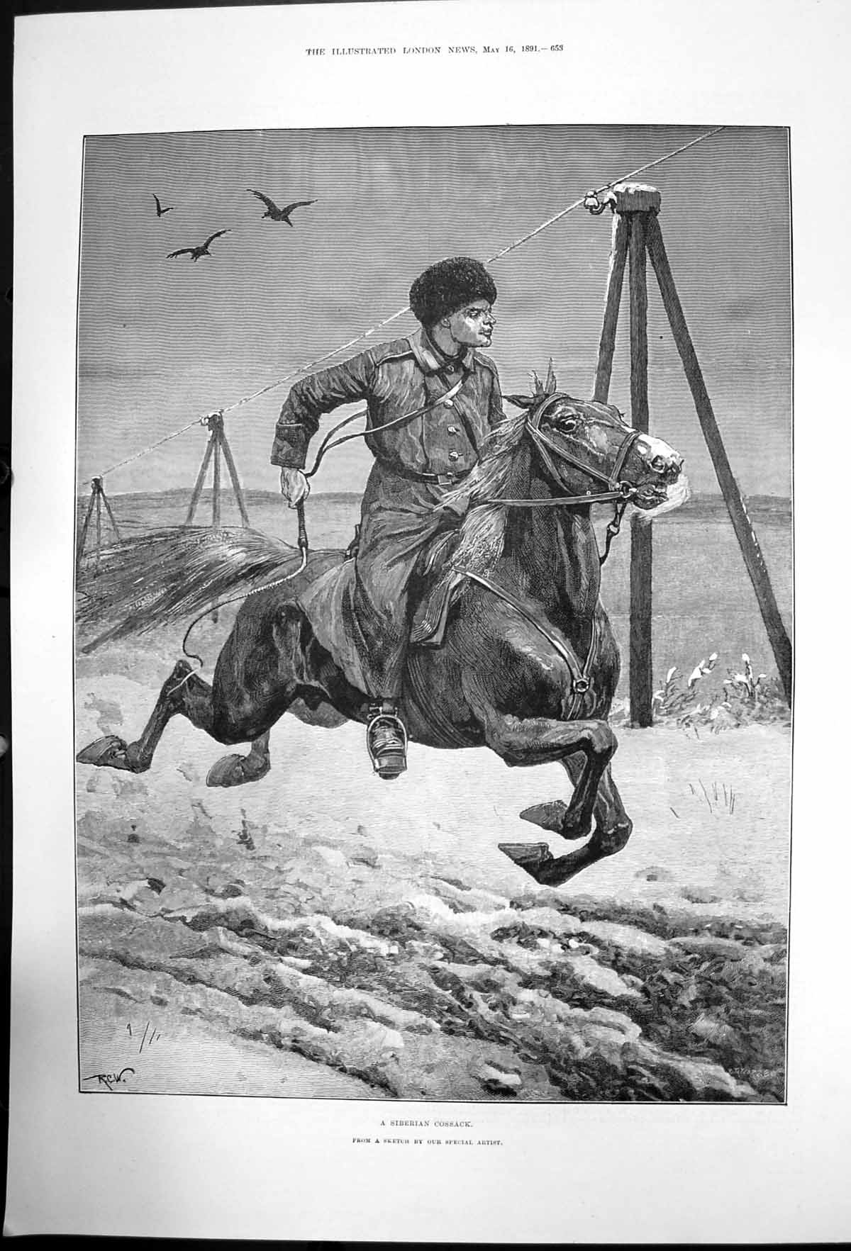 Original Old Antique Print A Siberian Cossack R C Woodville On Horse1891 19th