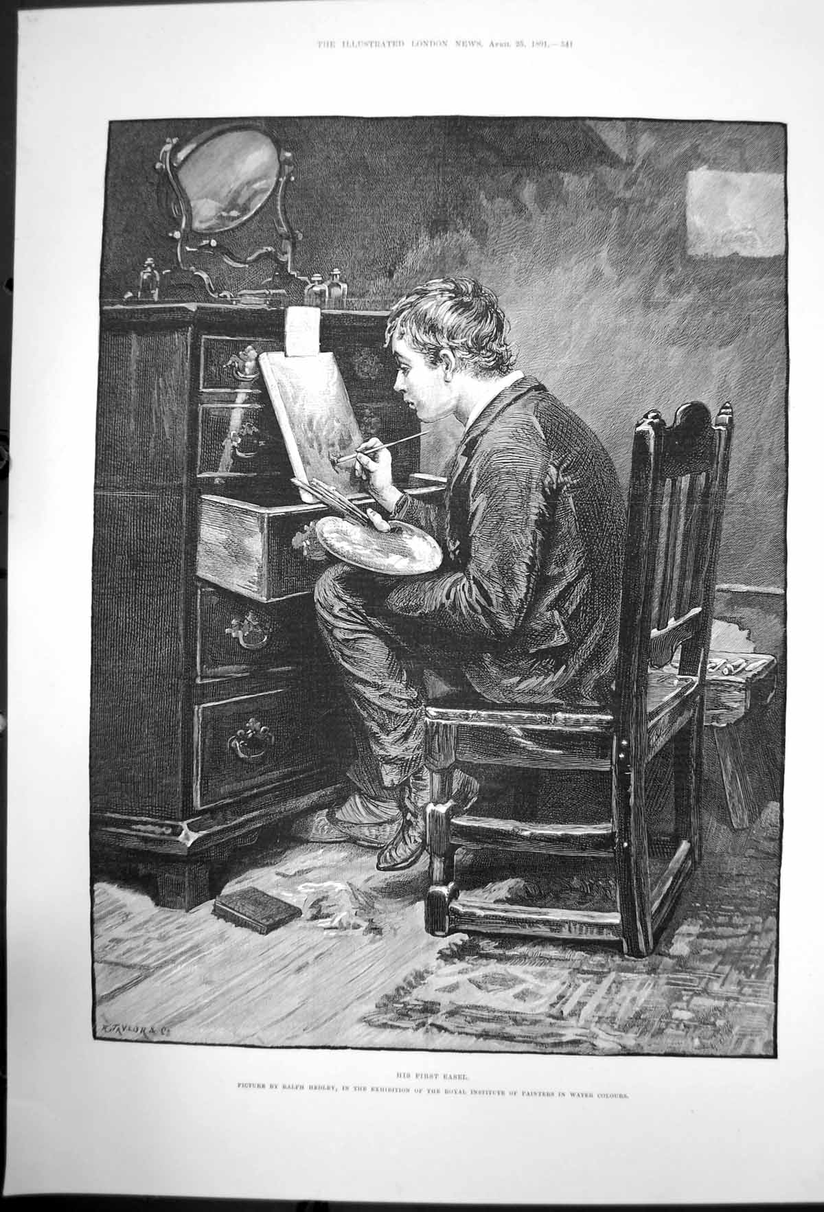 Antique Old Print His First Easel Ralph Hedley Exhibition Water Colours 1891