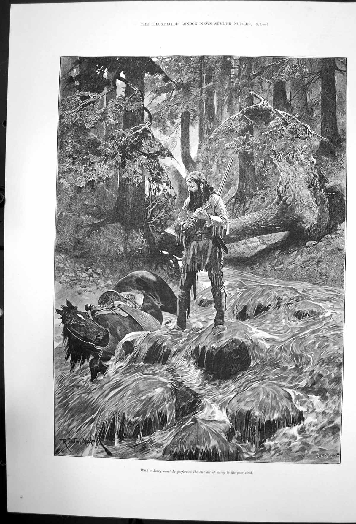 Old Antique Print Sier Ready To Shoot His Dying Horse Beside River 1891 19th