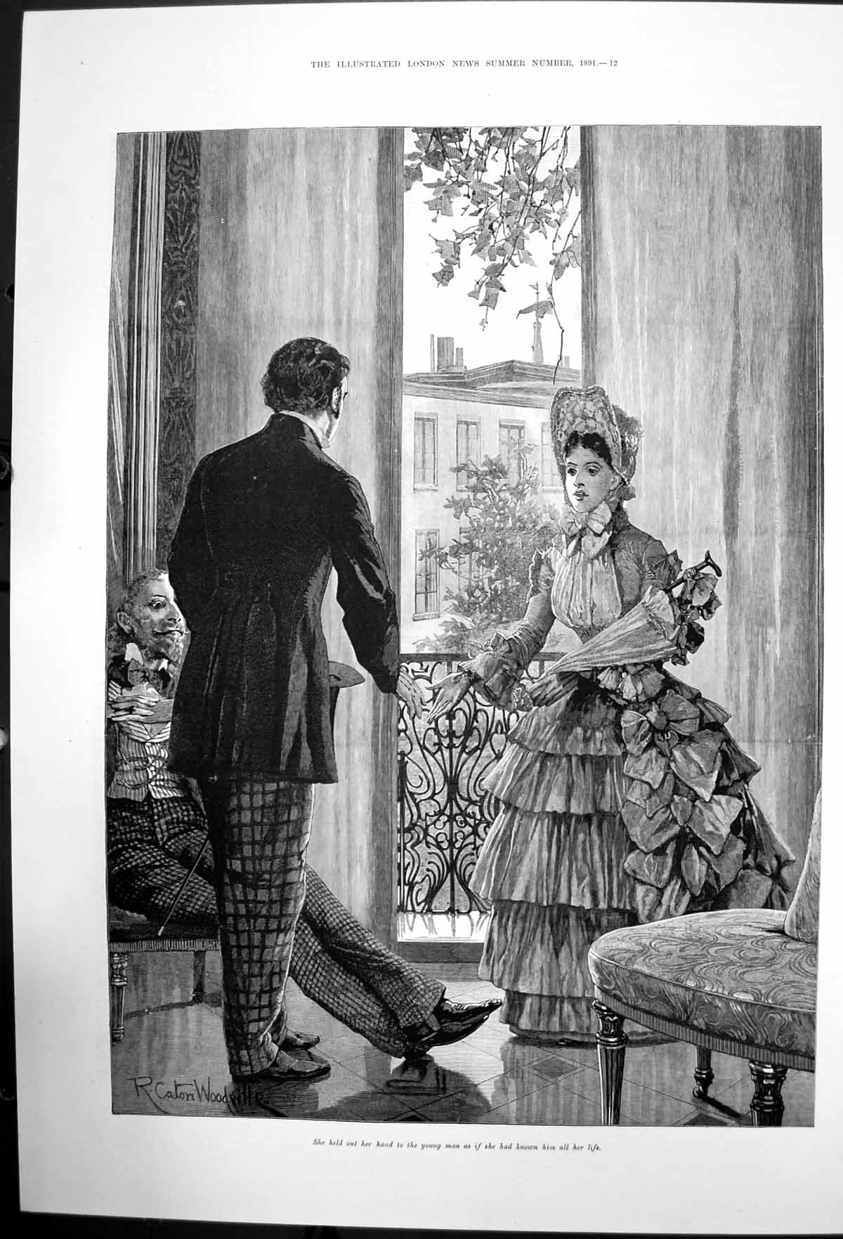 Old Antique Print Rc Woodville Young Couple Shaking Hands On Meeting 1891 19th