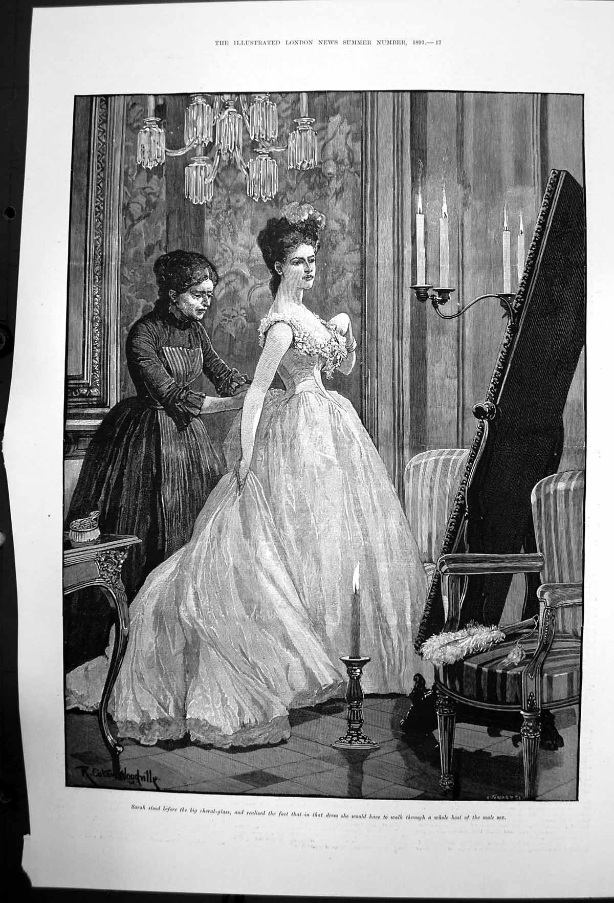 Antique Old Print Rc Woodville Sarah Admiring Herself In Cheval Glass 1891 19th