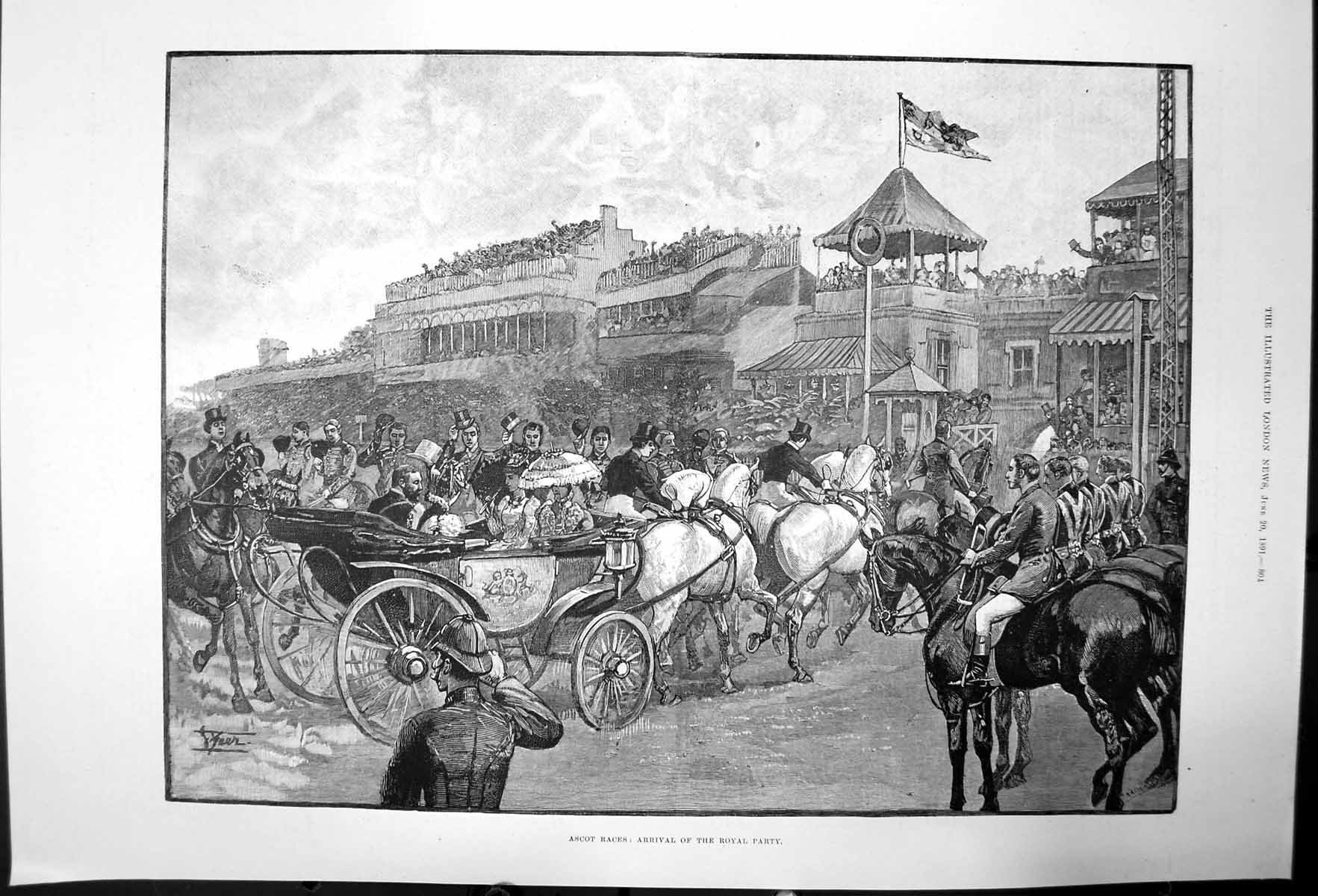 Original Old Antique Print Arrival Royal Party At Ascot Races 1891 Victorian