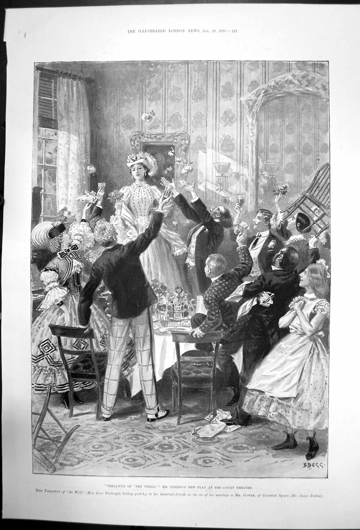 Old Antique Print Trelawny The Wells Pineros New Play Court Theatre 1898 19th