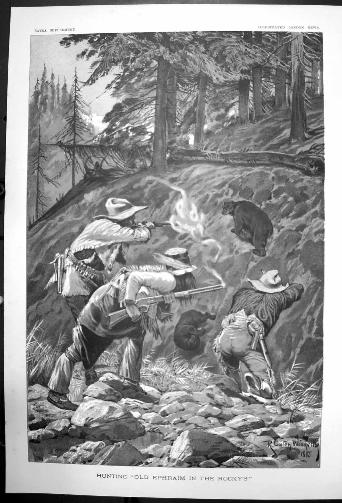 Original Old Antique Print Hunting Ephraim In The Rockys Rc Woodville 1885 19th