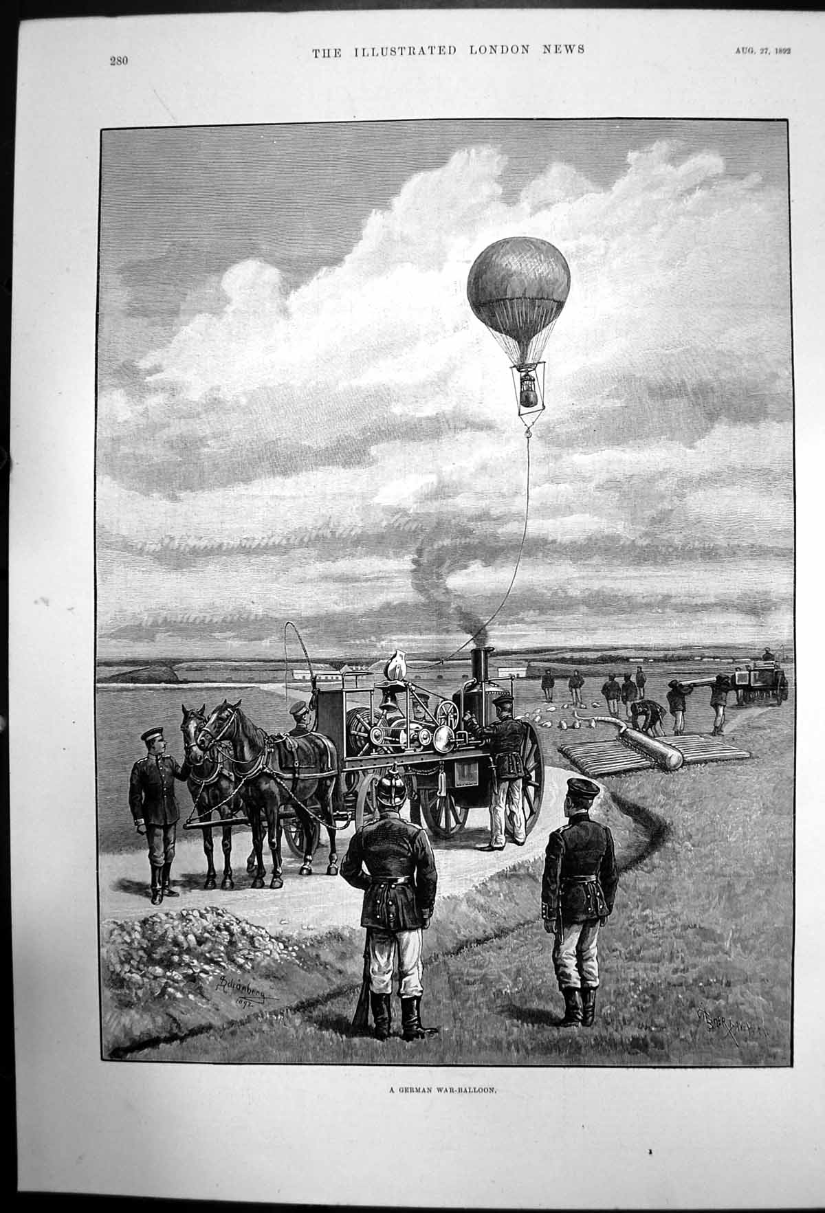 Old Antique Print A German War Balloon Tied To Carriage With Horses 1892 19th
