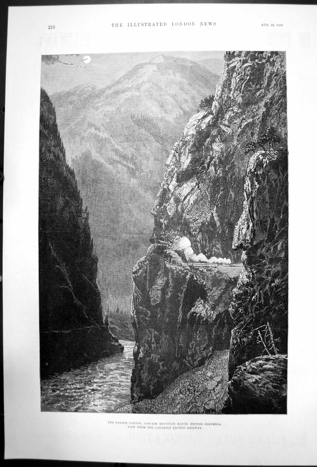 Antique Old Print Fraser Canyon Cascade Mountain Range British Columbia 1892