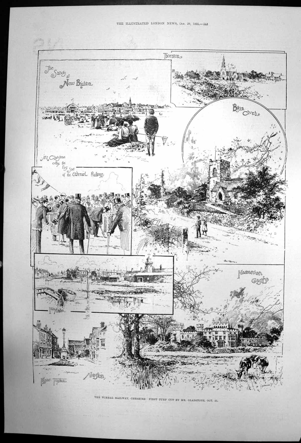 Original Old Antique Print Wirral Railway First Turf Cut By Mr Gladstone 1892