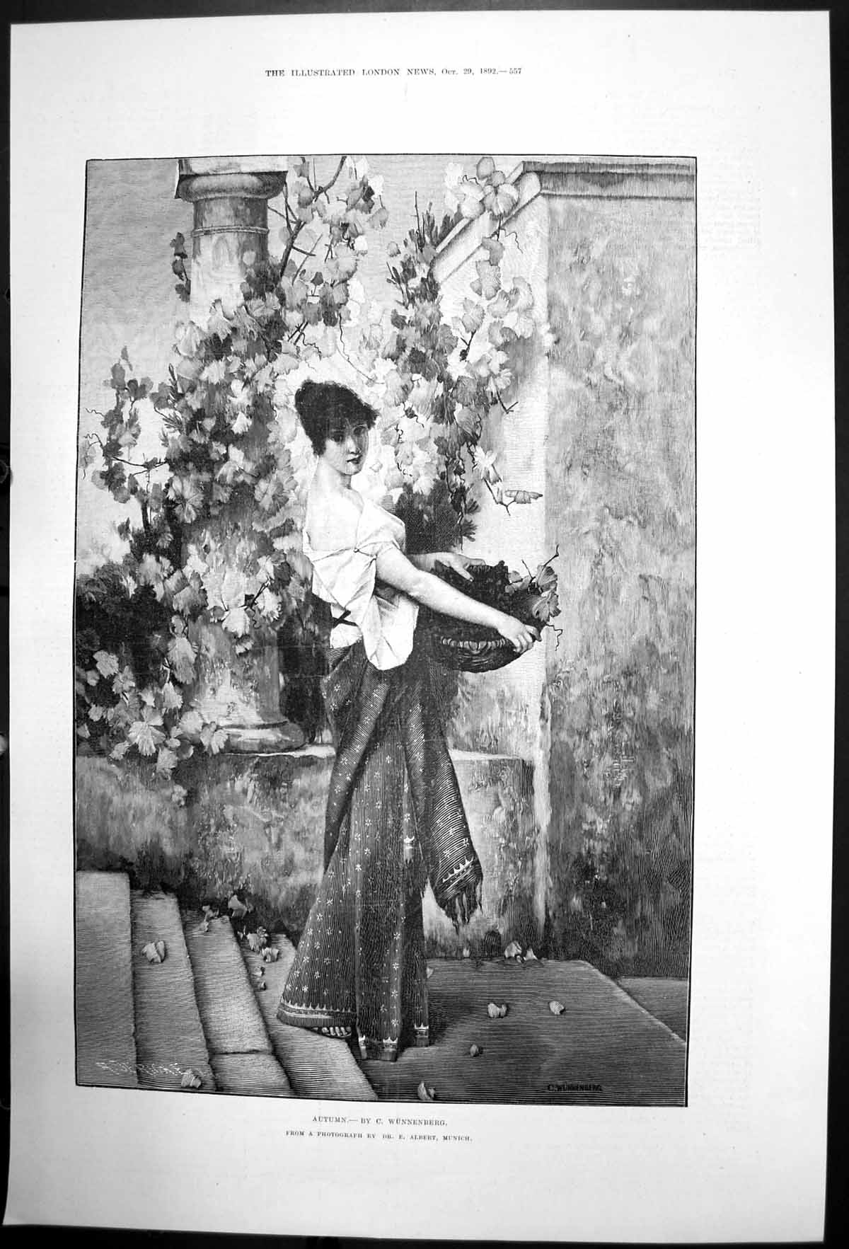 Original Old Antique Print Autumn C Wunnenburg Girl With Fruit In Basket 1892
