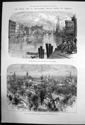 Old Print Milwaukee River & City Wisconsin Lake Michigan Great Fire 1892 19th