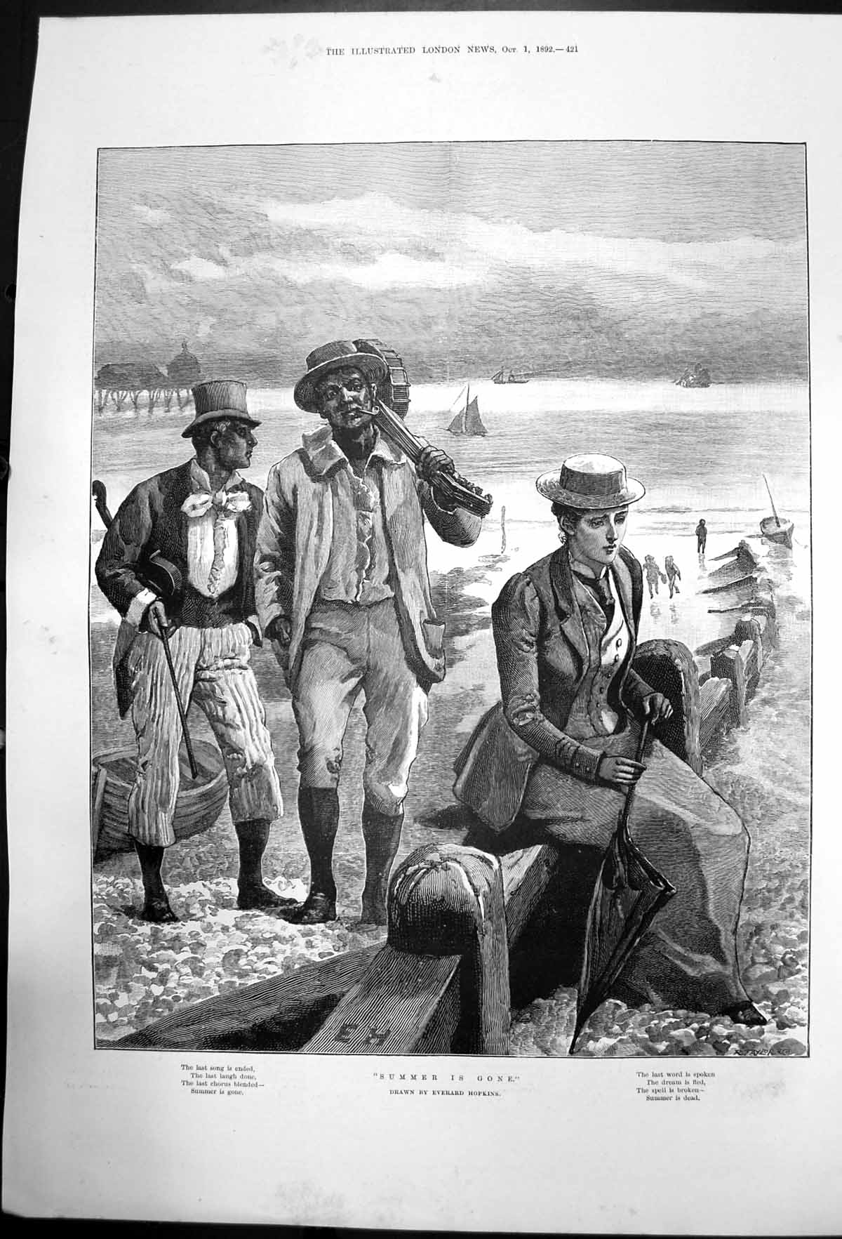 Original Old Antique Print Summer Is Gone Everard Hopkins Group By Seaside 1892