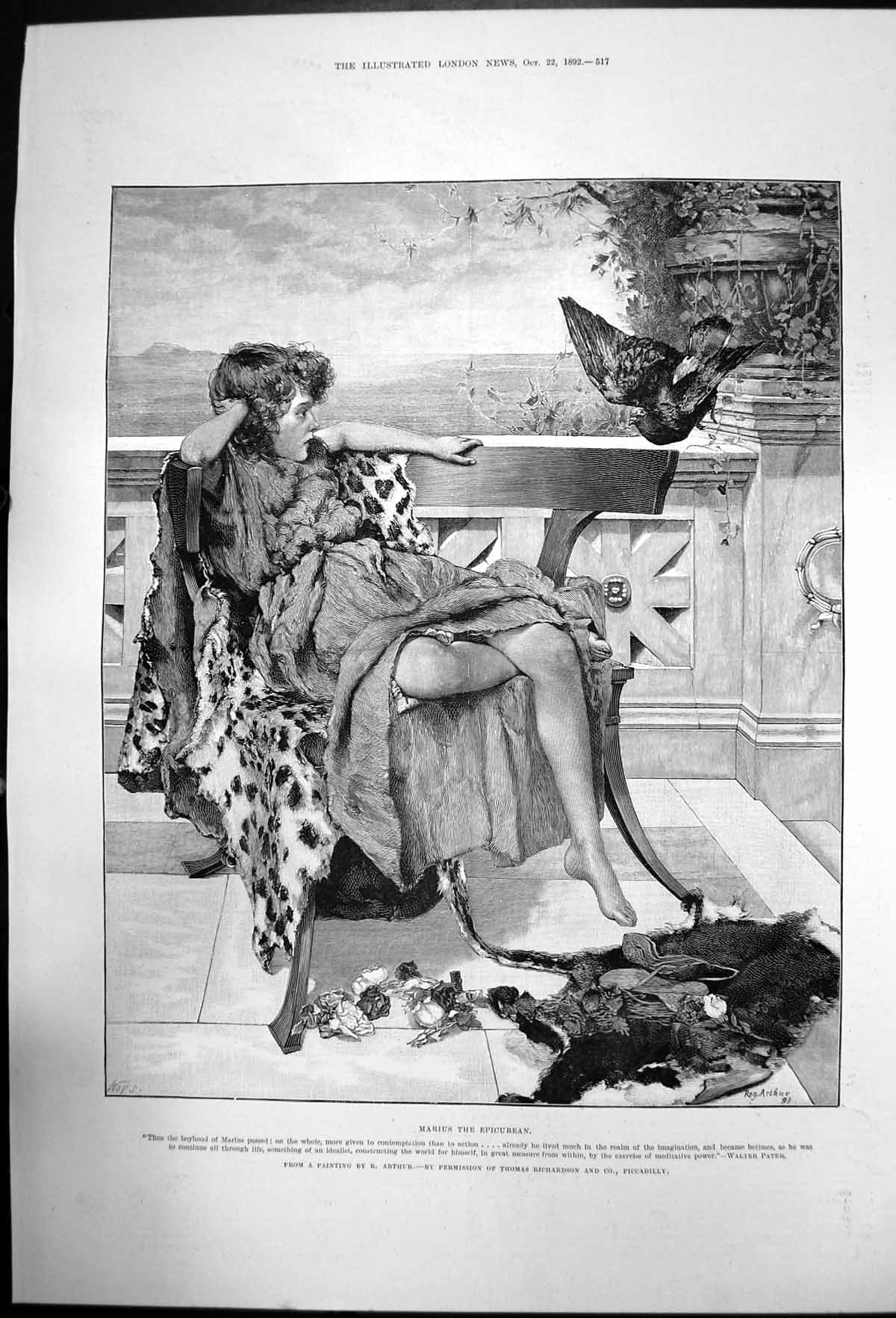 Original Old Antique Print Marius The Epicurean R Arthur Girl Seated Bird 1892