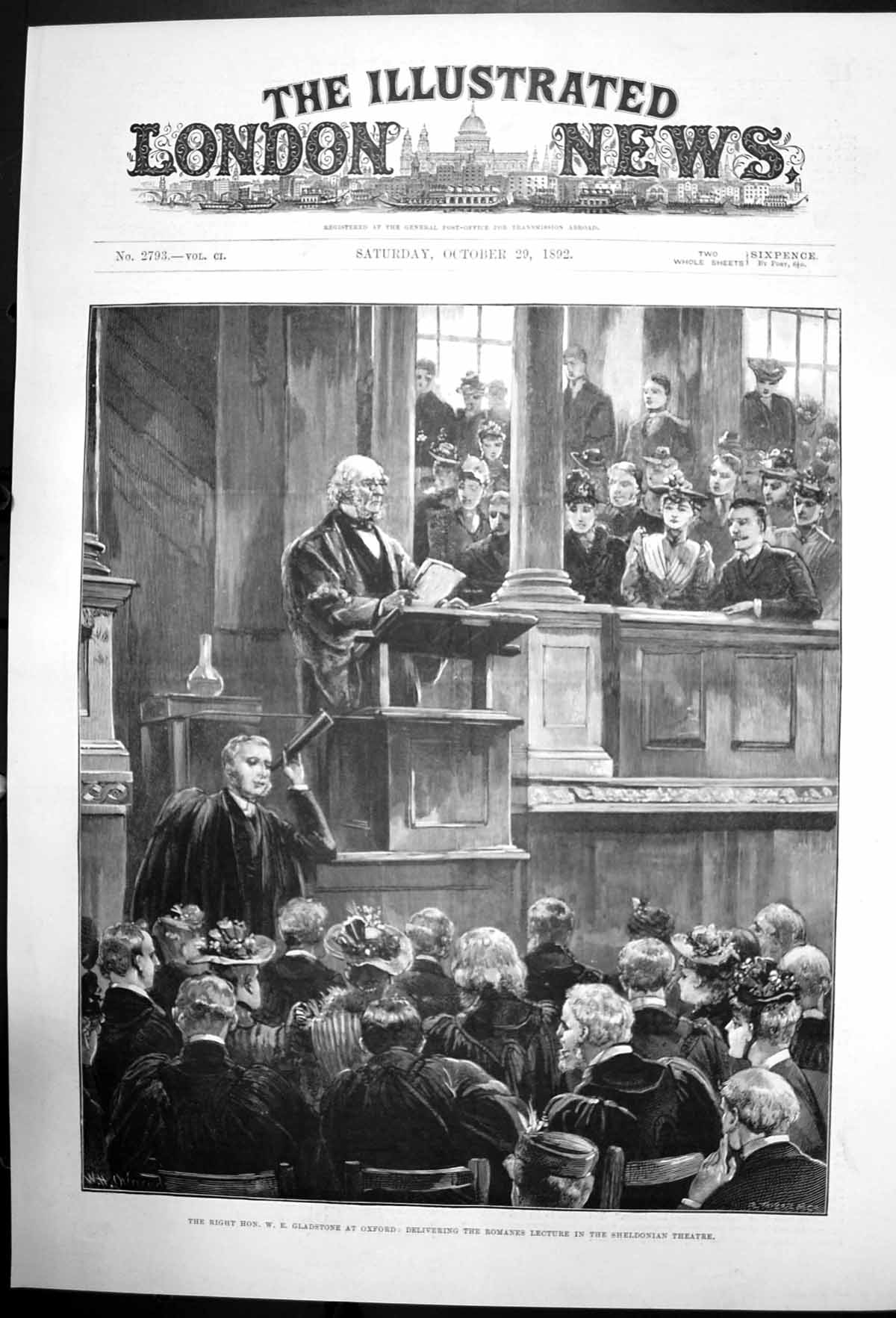 Antique Old Print W Gladstone At Oxford Romanes Lecture Sheldonian Th 1892 19th
