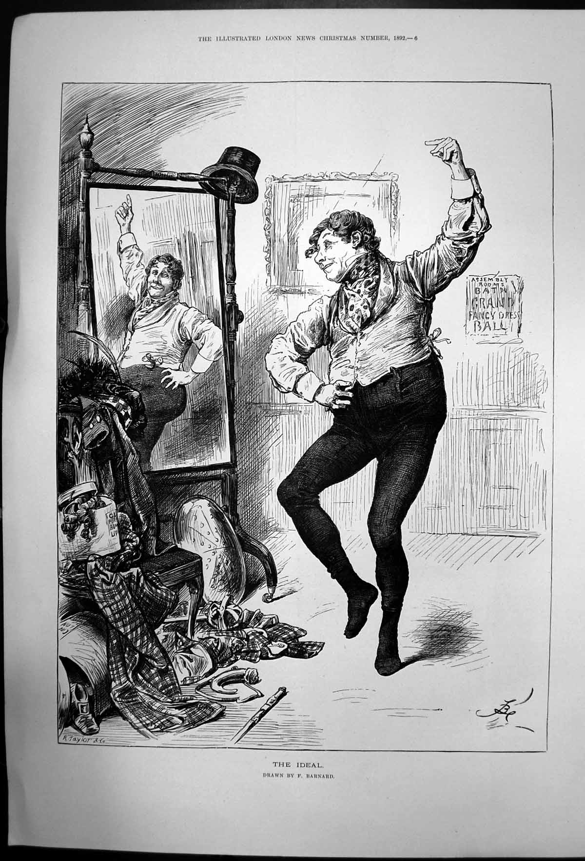Old Print The Ideal By F Barnard Looking In Mirror Fancy Dress Ball 1892 19th